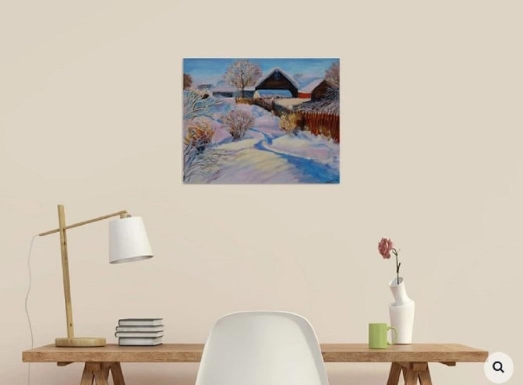Winterdorf im Dorf, Gemälde, Öl auf Leinwand im Angebot 1