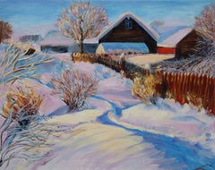 Winter village, Painting, Oil on Canvas