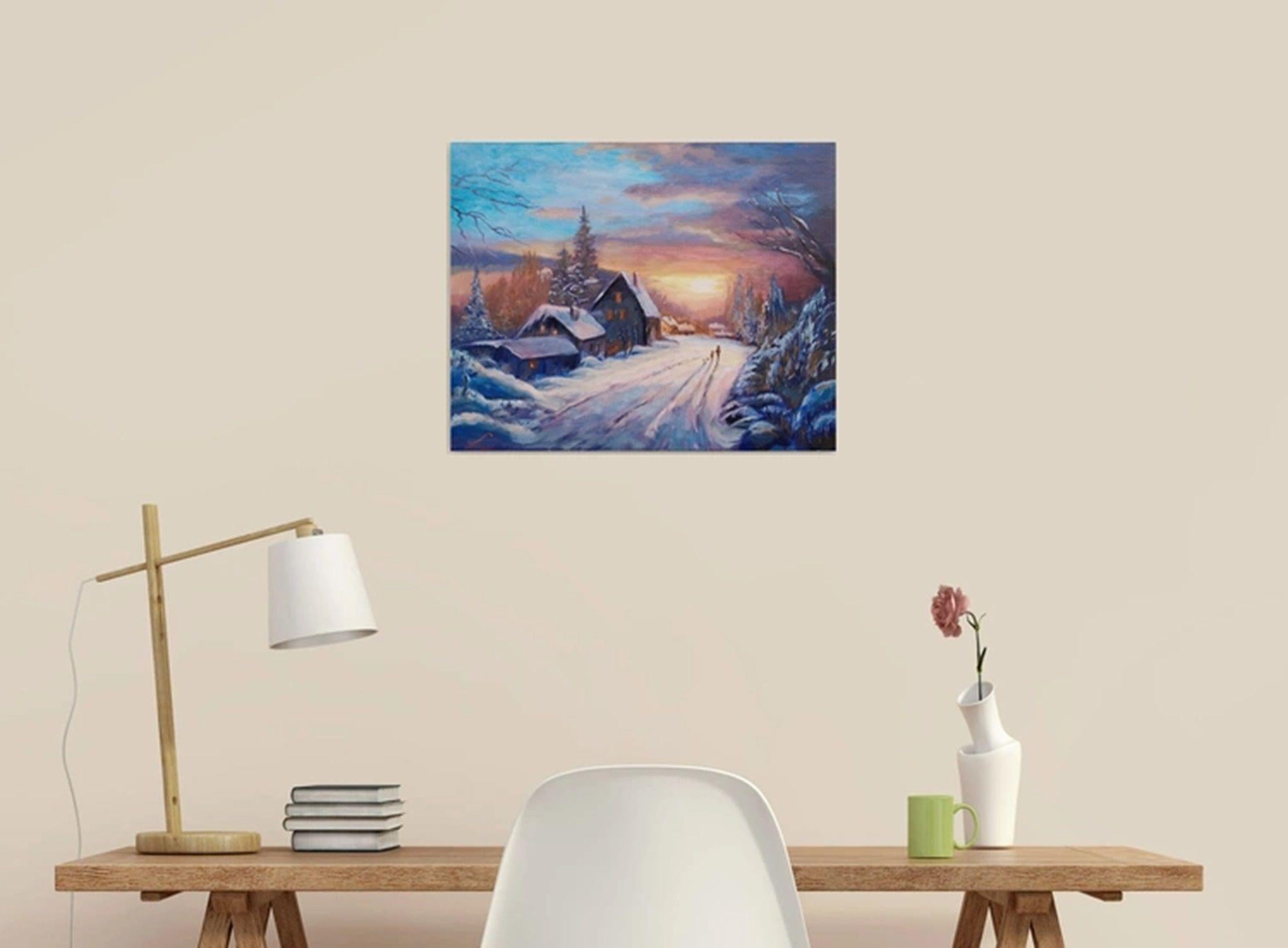 Winterdorf-Sonnenuntergang, Gemälde, Öl auf Leinwand (Impressionismus), Painting, von Elena Sokolova
