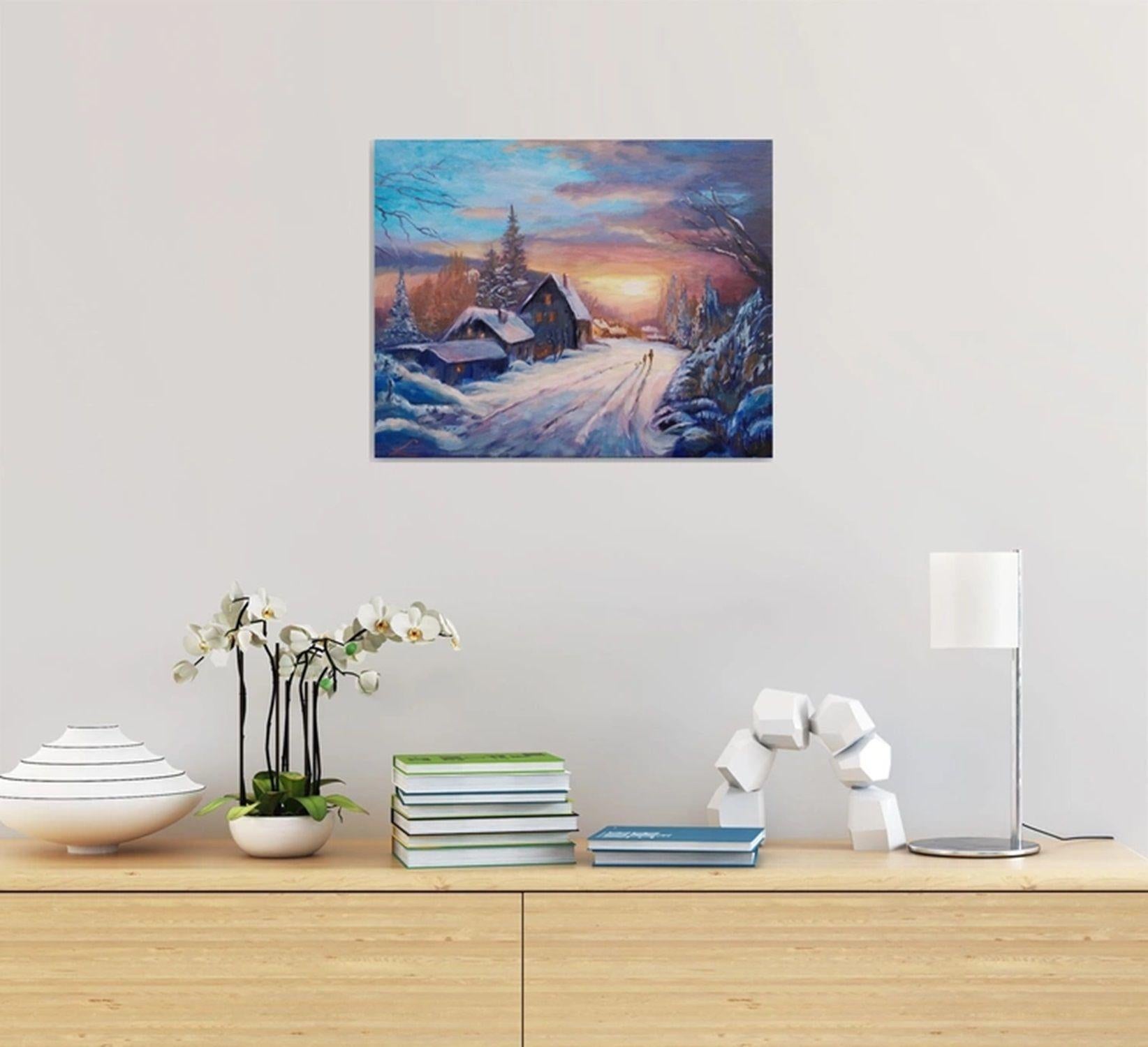 Winterdorf-Sonnenuntergang, Gemälde, Öl auf Leinwand im Angebot 1