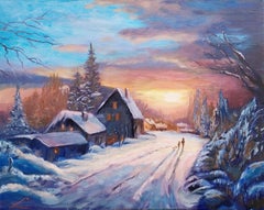 Winter village sunset, Painting, Oil on Canvas