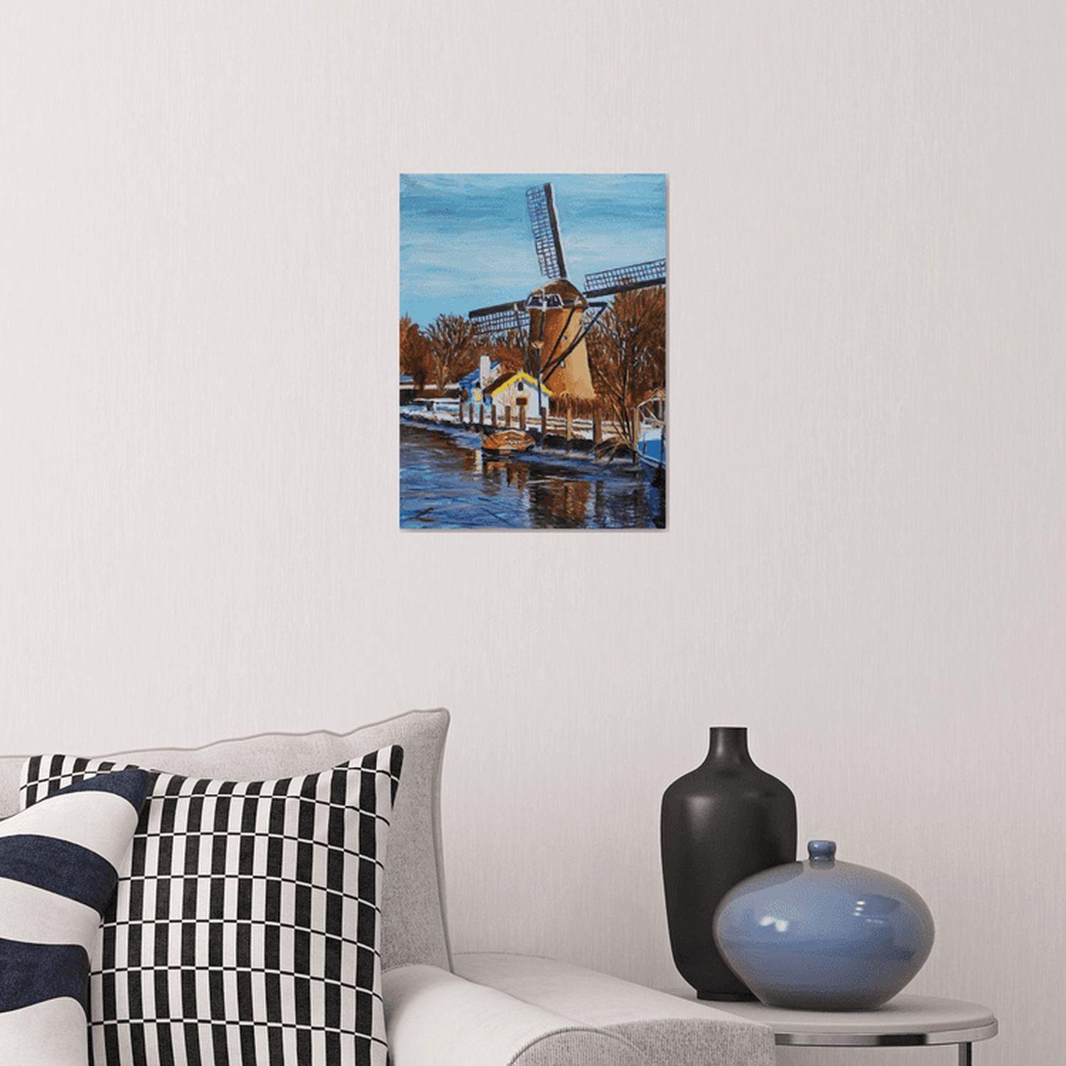 Winter windmill in Maasluis, Painting, Oil on Canvas For Sale 1