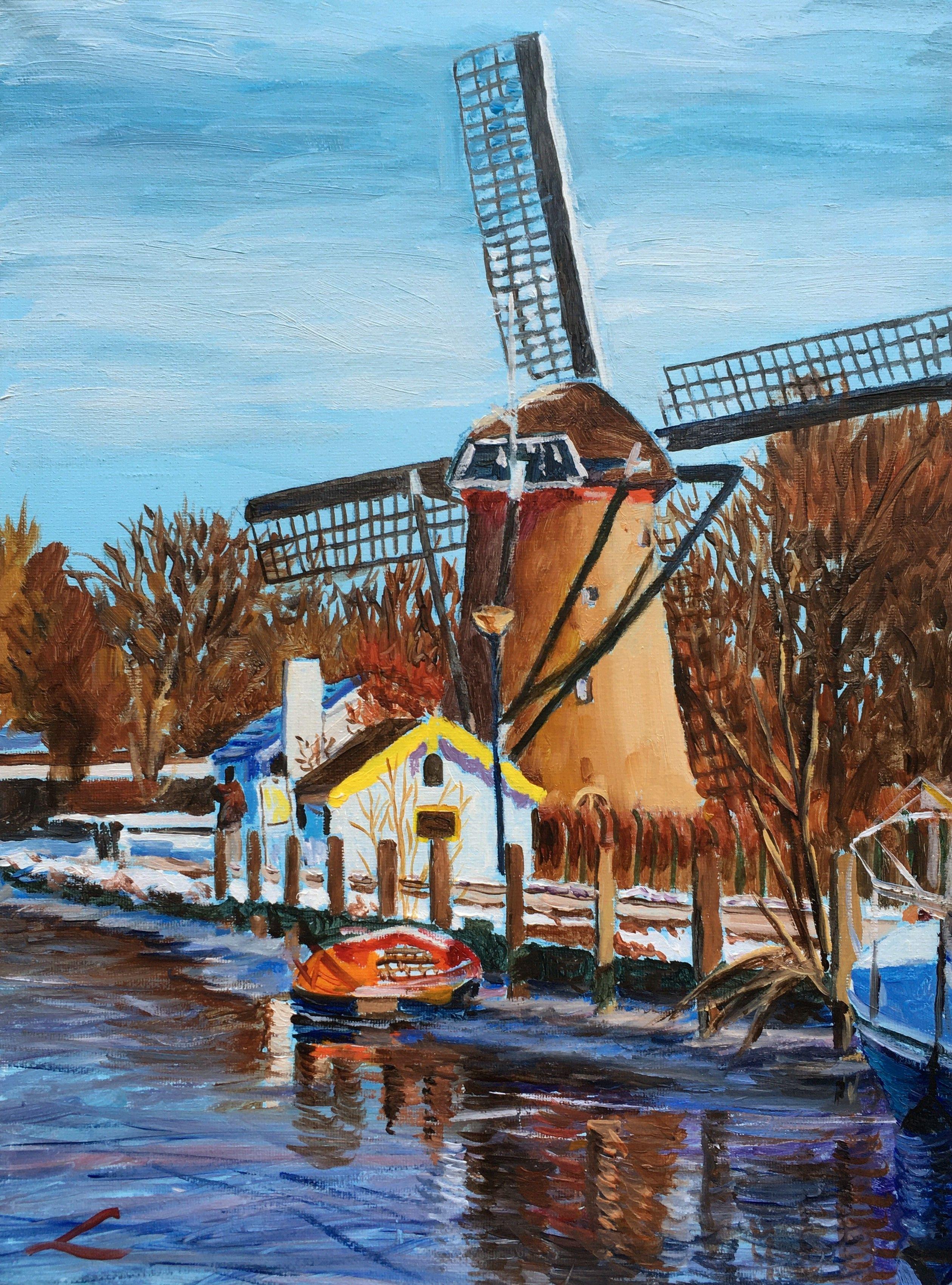 Winter Holland landscape with a small windmill at the iced channel. Alla prima painting with small changes when dry.  :: Painting :: Impressionist :: This piece comes with an official certificate of authenticity signed by the artist :: Ready to