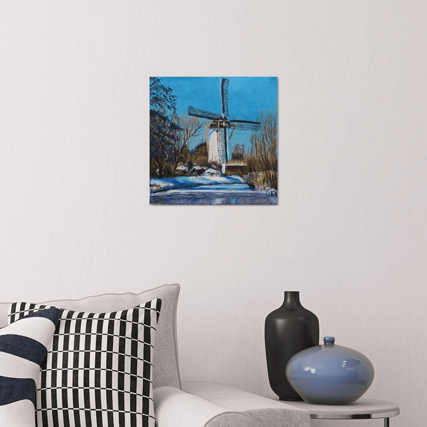 Winter Holland landscape with a small windmill at the iced channel. Alla prima painting with small changes when dry. :: Painting :: Impressionist :: This piece comes with an official certificate of authenticity signed by the artist :: Ready to Hang: