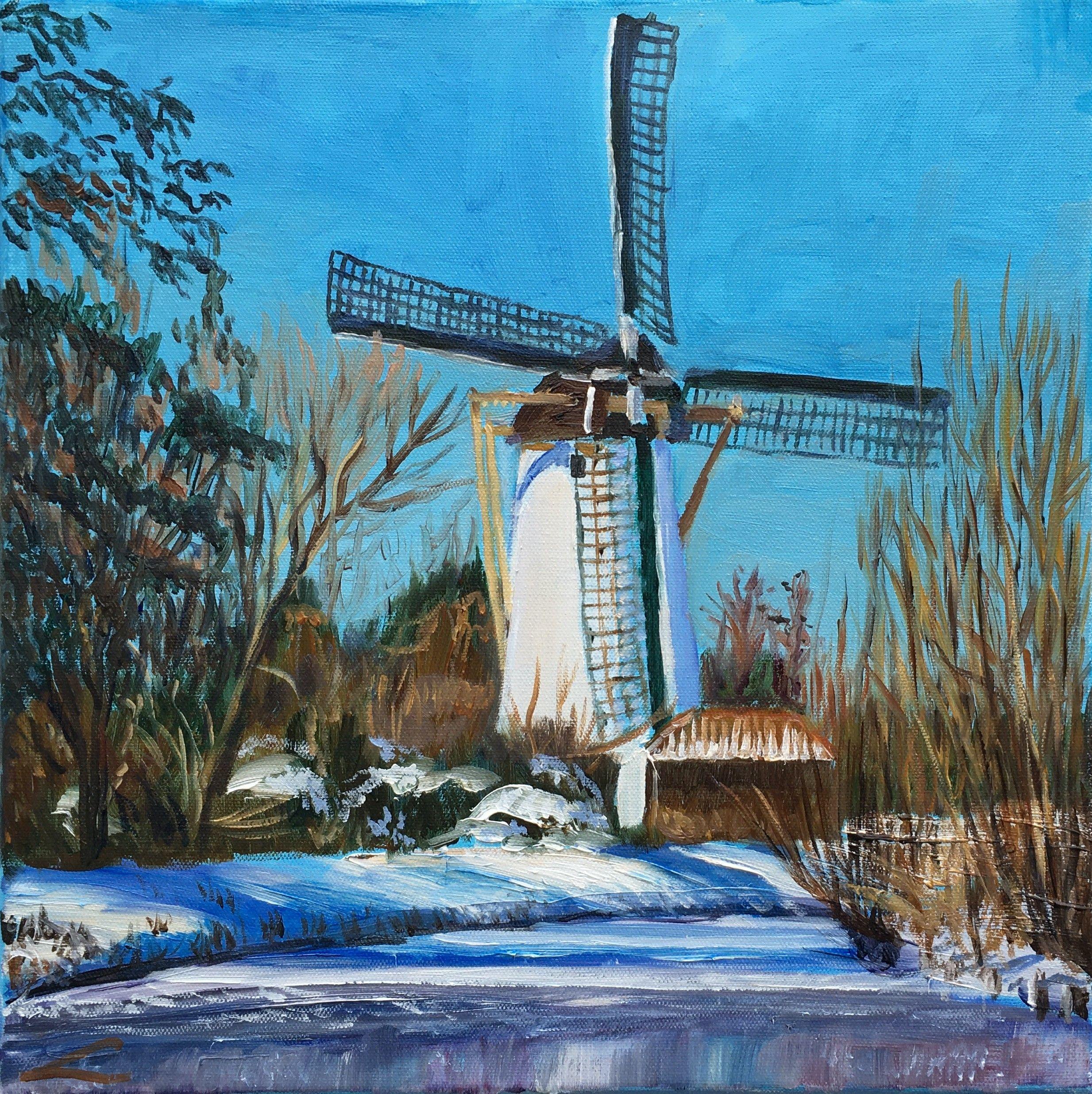 Landscape Painting di Elena Sokolova - Mulino a vento d'inverno, Pittura, Olio su tela