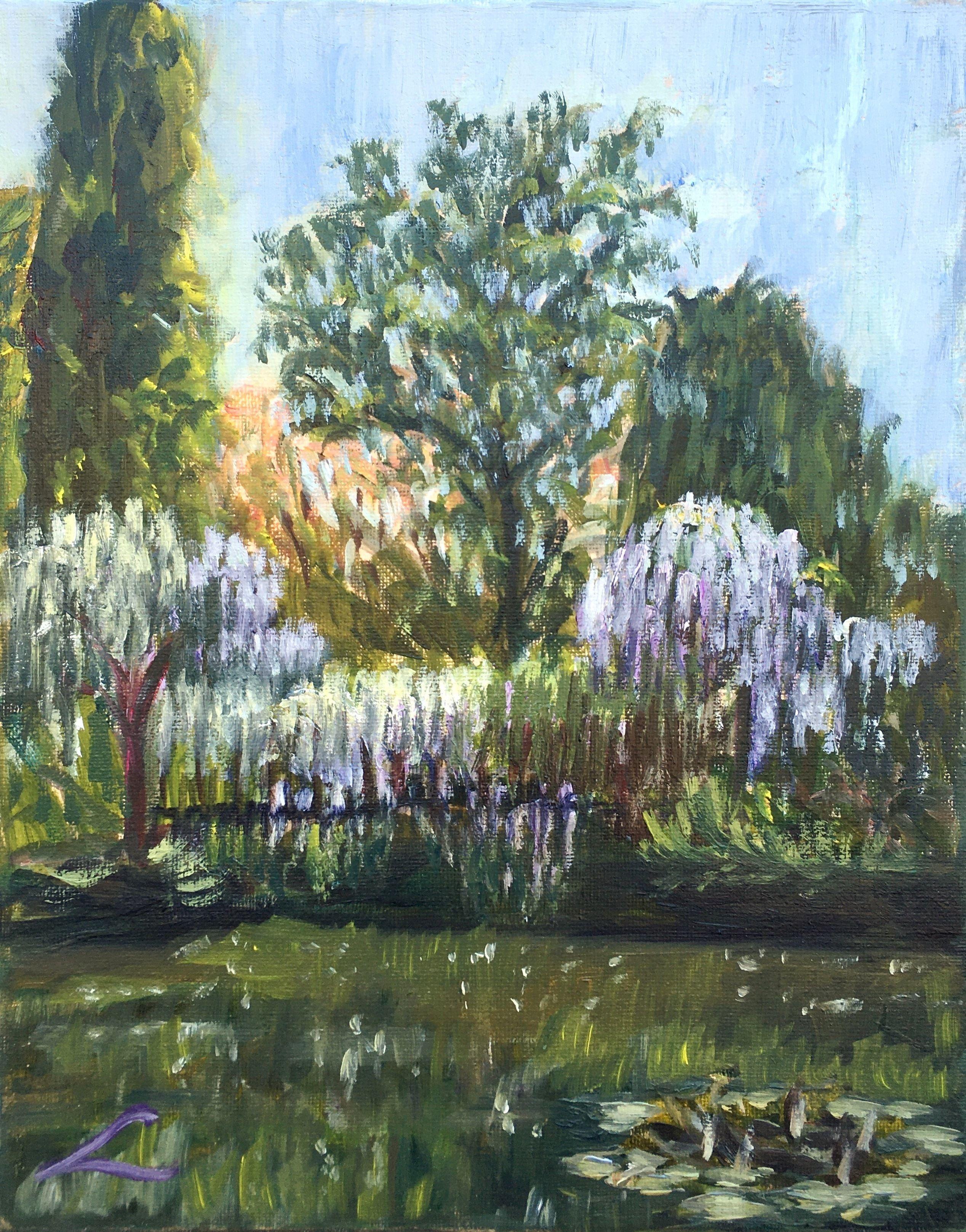 Plain air oil on canvas painting of a spring park with wisteria :: Painting :: Impressionist :: This piece comes with an official certificate of authenticity signed by the artist :: Ready to Hang: Yes :: Signed: Yes :: Signature Location: on front
