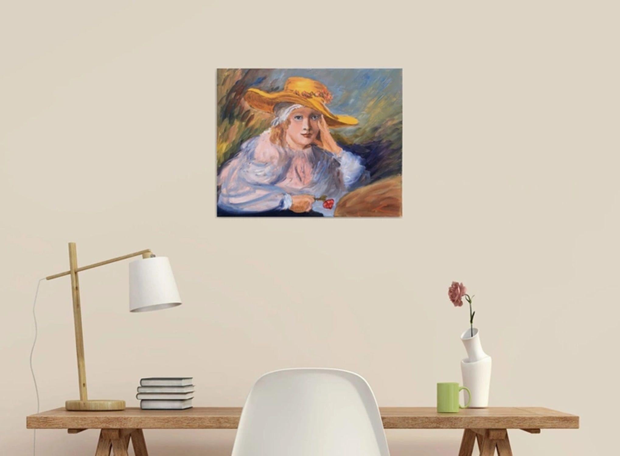 Un'altra versione del quadro Giovane ragazza con cappello, ispirata al disegno di Rembrandt. L'immagine è un dipinto tranquillo di una ragazza con la testa inclinata verso sinistra, che indossa un cappello giallo e una camicia bianca a balze. Tiene