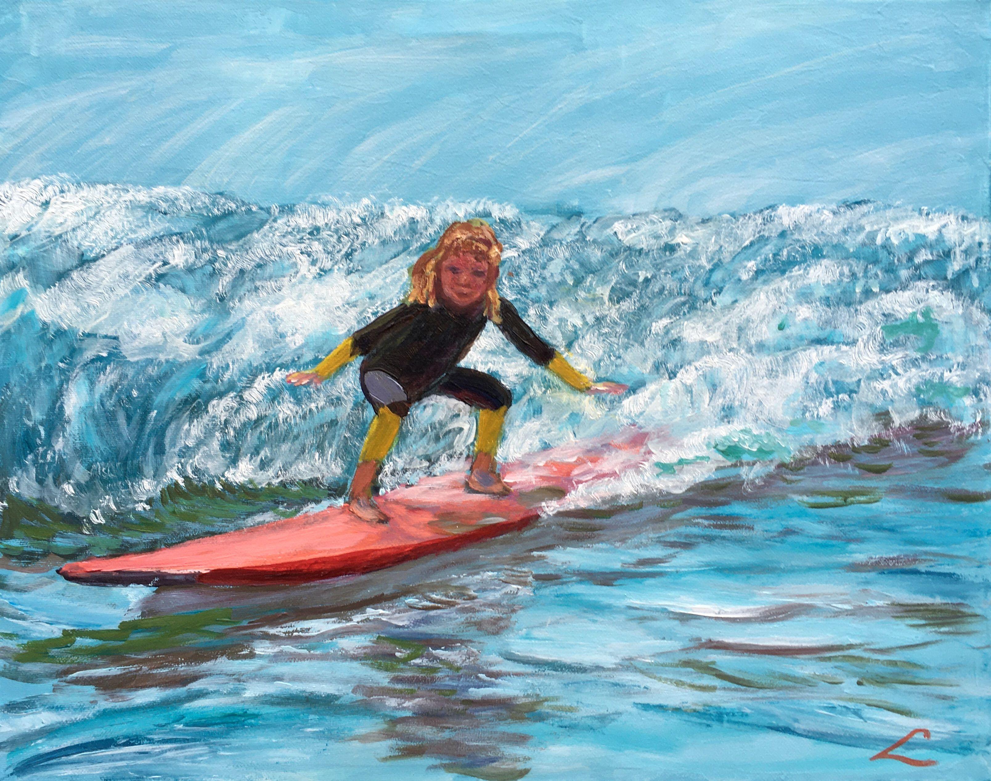 Small girl on the surfing board, painted by oil on canvas. :: Painting :: Impressionist :: This piece comes with an official certificate of authenticity signed by the artist :: Ready to Hang: Yes :: Signed: Yes :: Signature Location: on front ::
