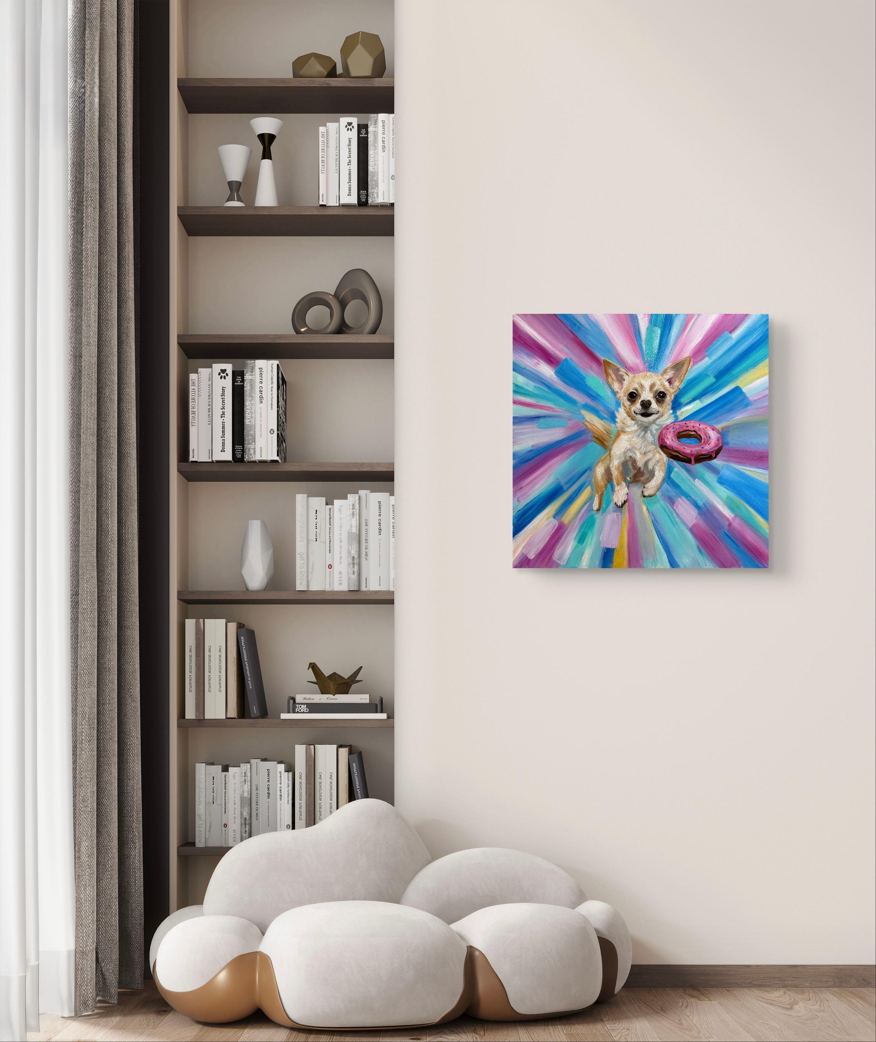 Chihuahua and a sweet donut - Gray Animal Painting by Elena Ushanova