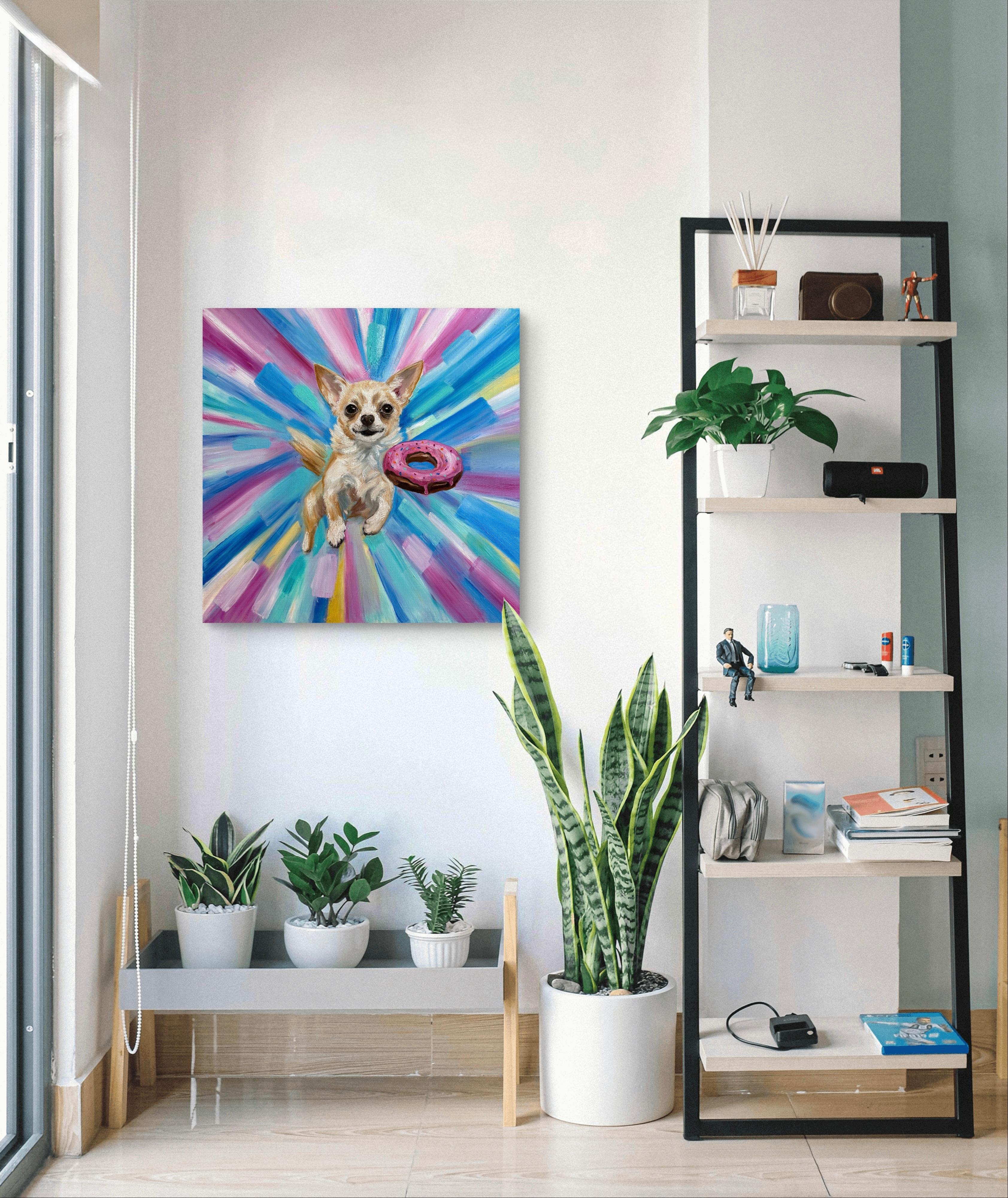 Bold, vibrant, and full of joy-this dynamic oil painting captures a playful chihuahua soaring through a cosmic burst of color, chasing an appetizing donut. The energetic brushstrokes and radiant hues create a sense of motion and fun, making this