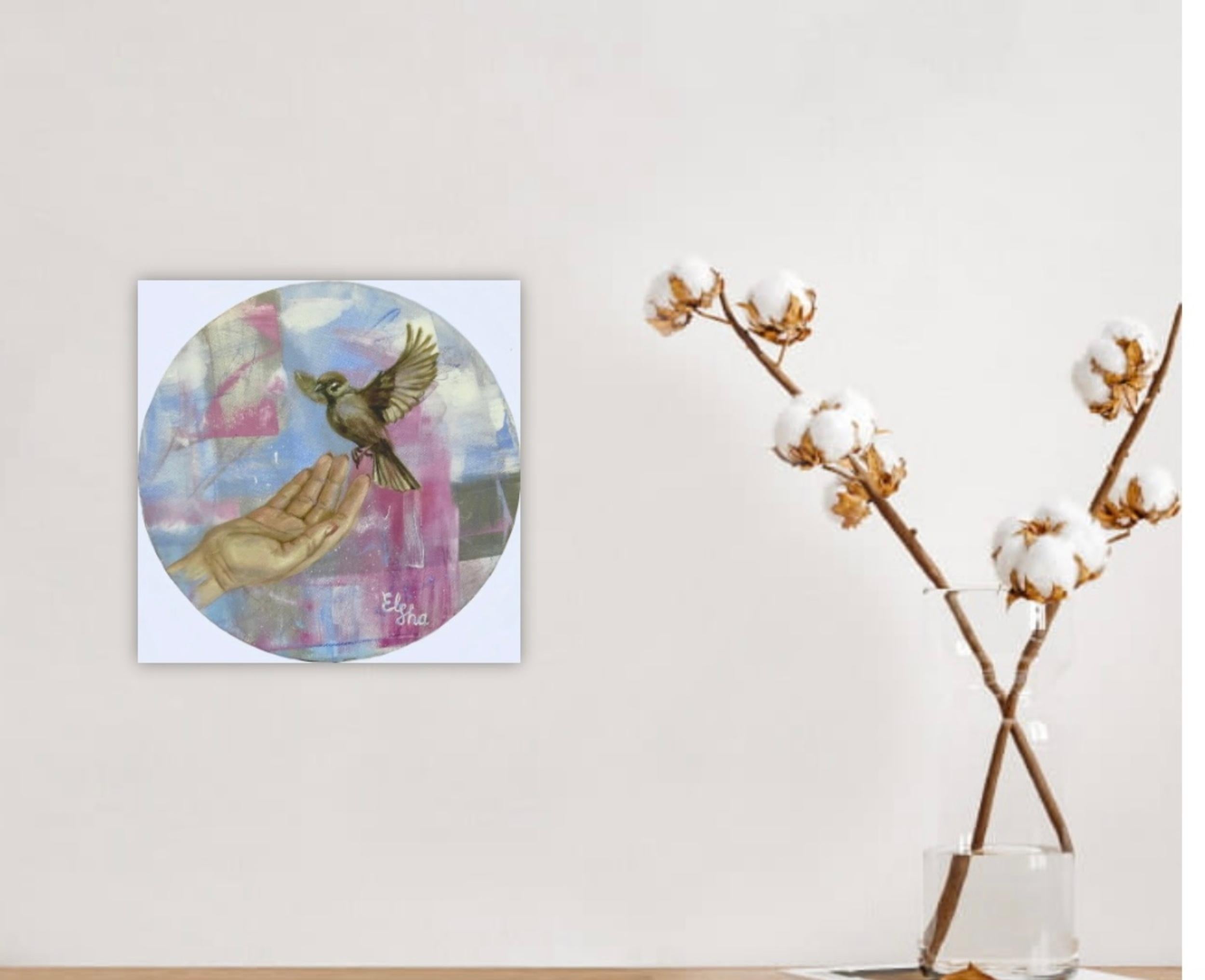 This painting captures a tender moment of connection between human and nature — a bird, mid-flight, reaches toward an outstretched hand. Its wings are delicately spread, and its eyes gaze with curiosity and trust, evoking a sense of intimacy and