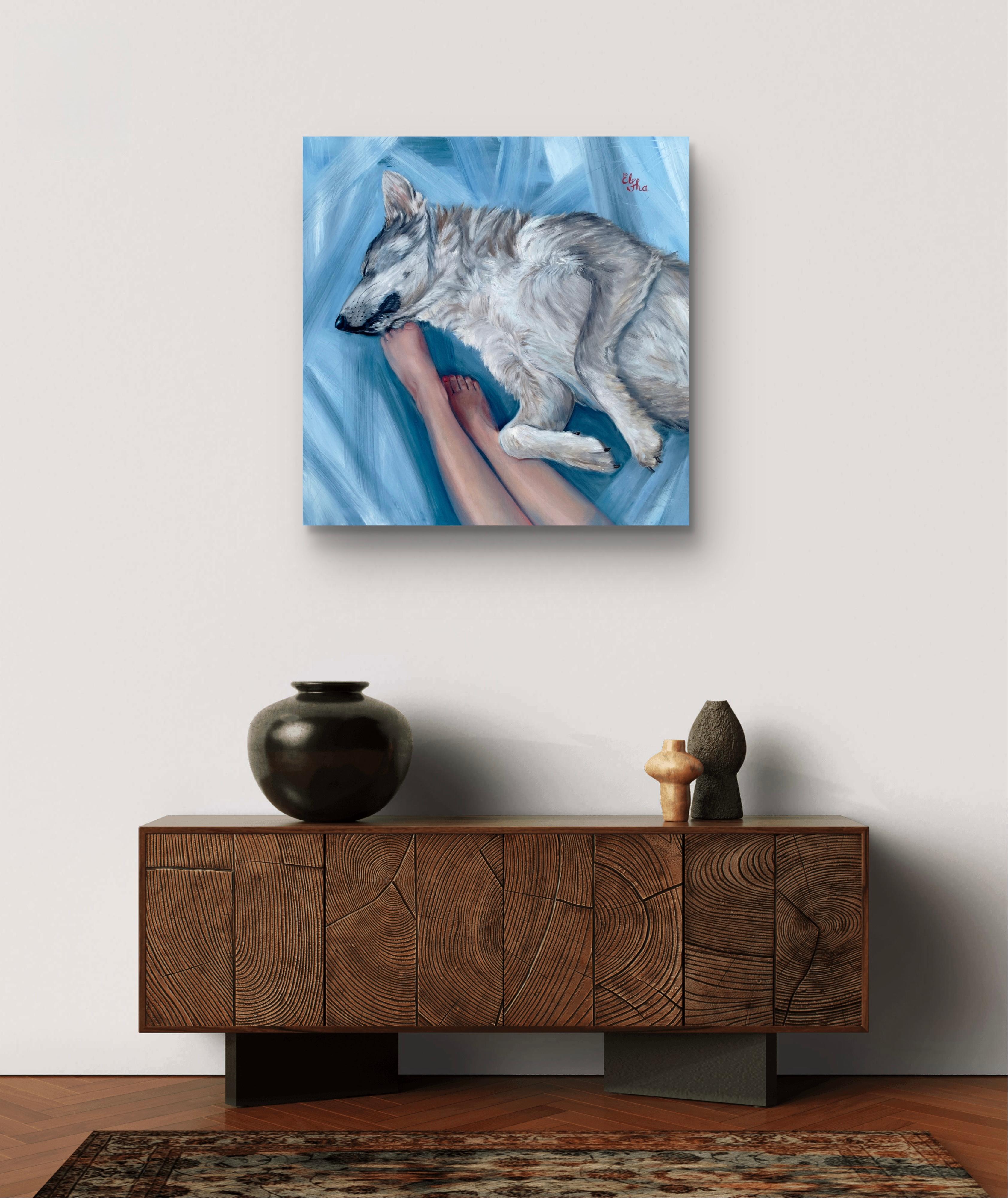 Girl and sleeping wolf - Painting by Elena Ushanova