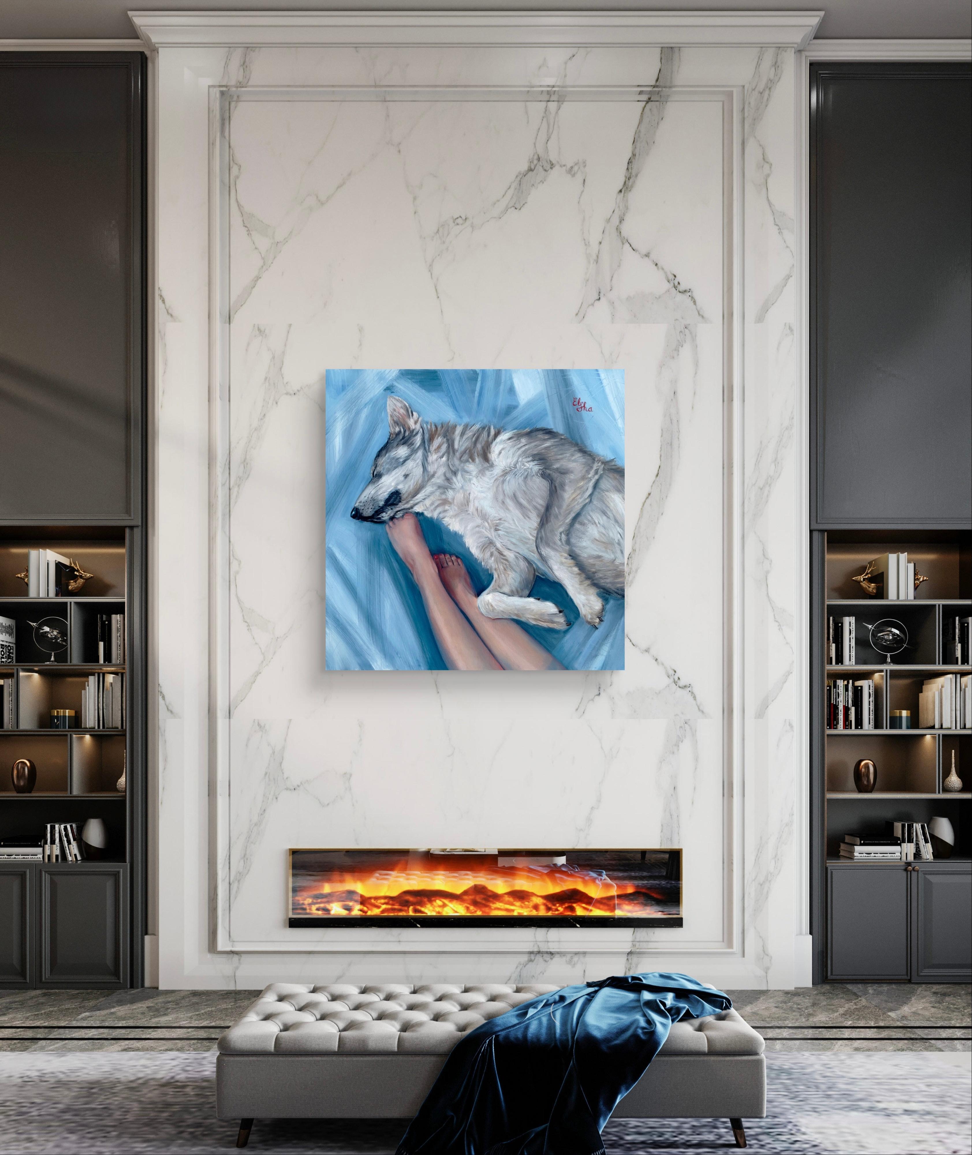 Girl and sleeping wolf - Impressionist Painting by Elena Ushanova