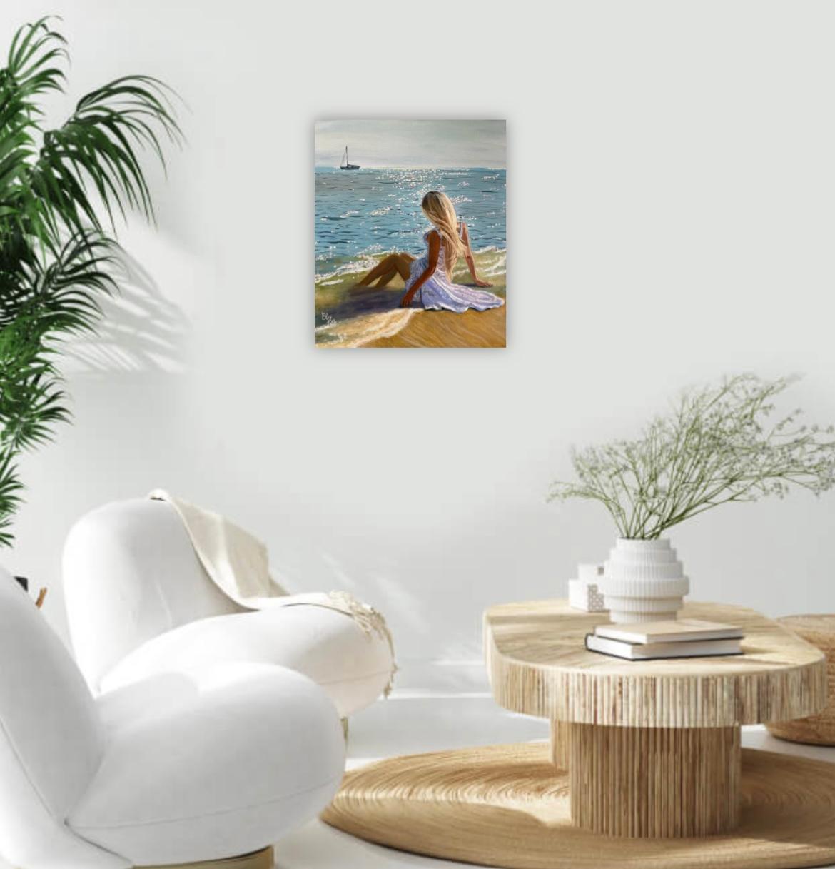 El cuadro representa a una chica sentada a la orilla del mar. Lleva un vestido blanco que ondea al viento. La chica mira a lo lejos, en el horizonte, donde se ve un yate que pasa navegando lentamente.
    El cuadro crea una sensación de calma y