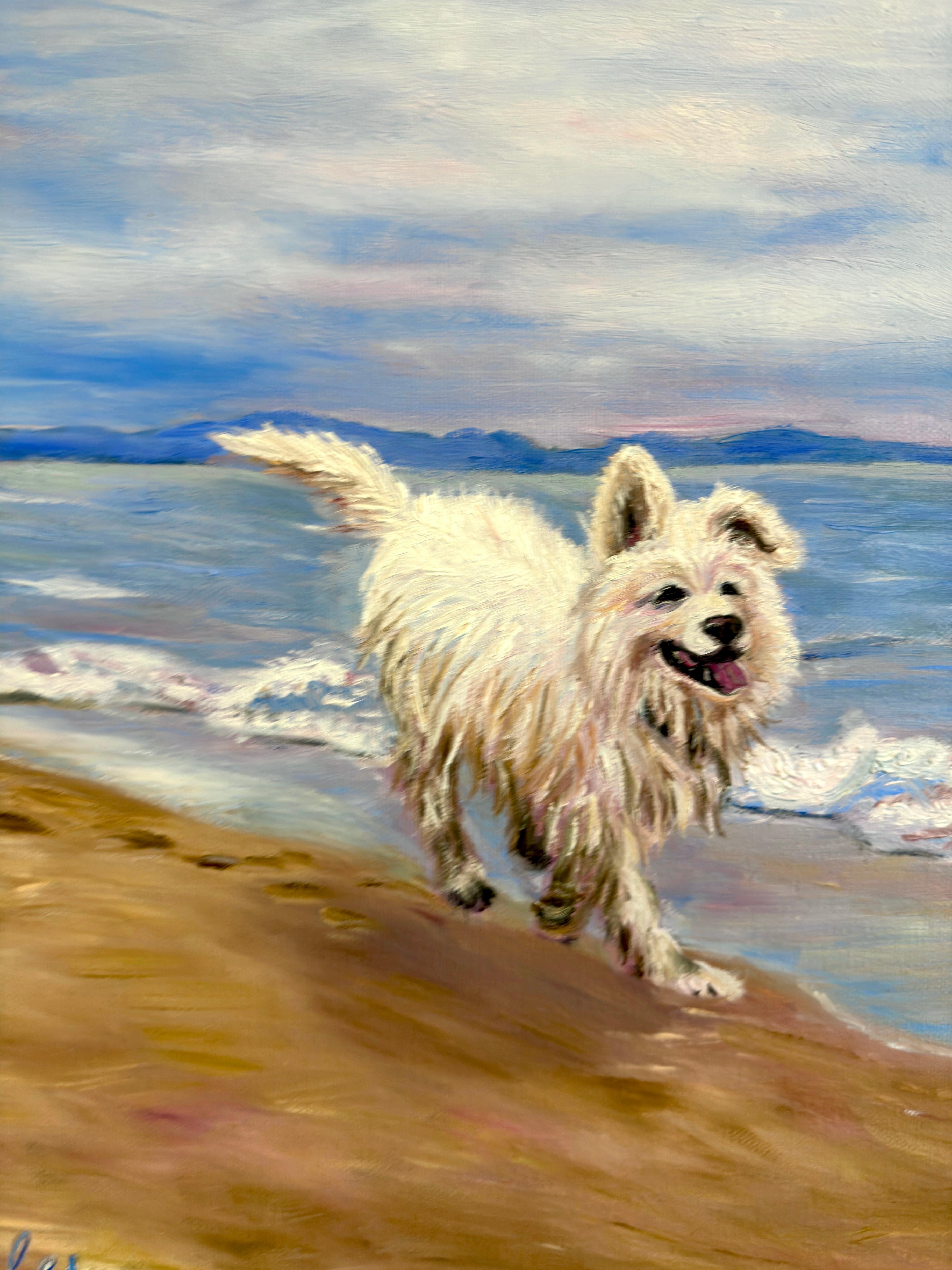 Fröhlicher weißer Hund an der blauen Meeresküste im Angebot 6