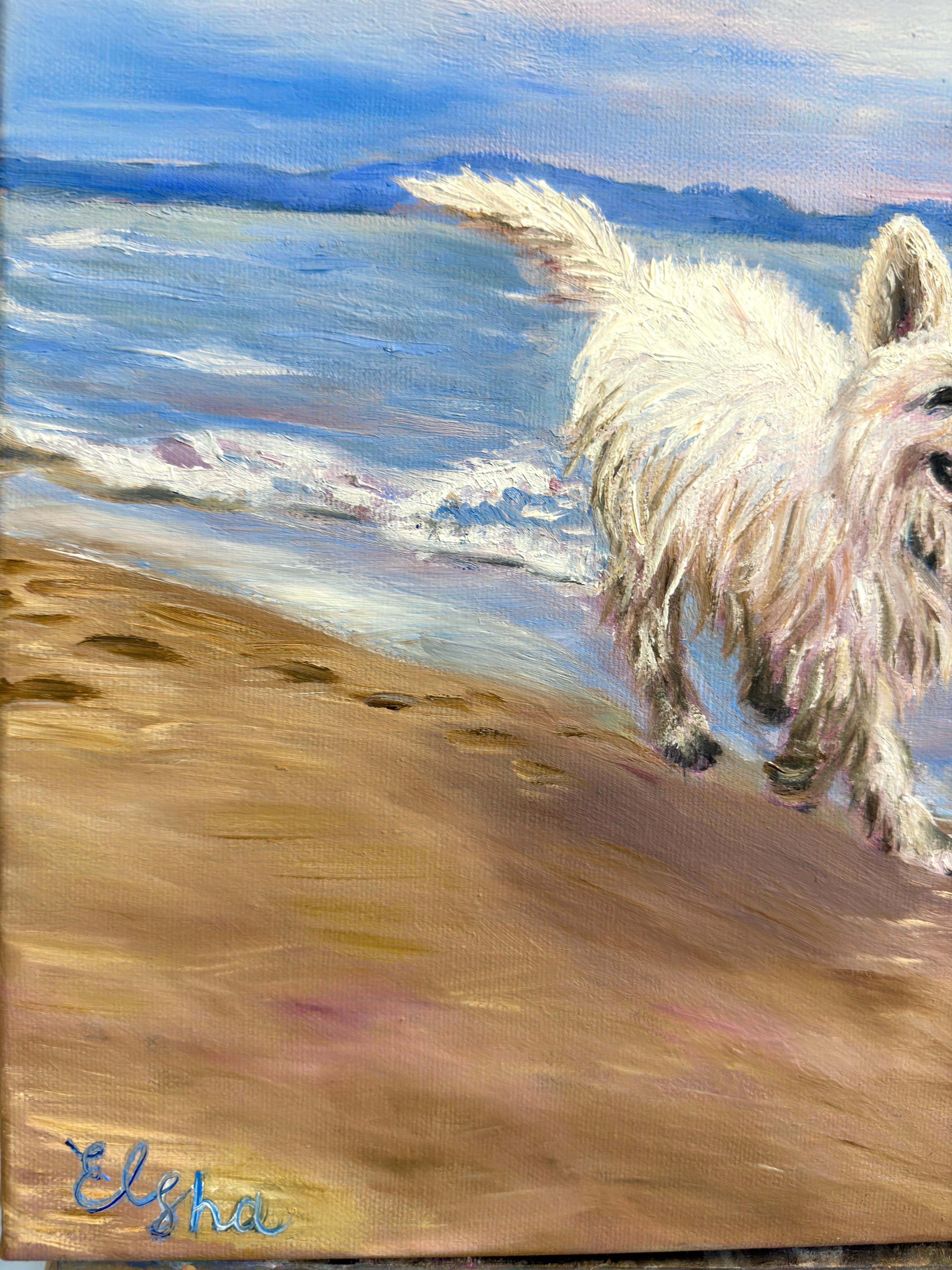 Fröhlicher weißer Hund an der blauen Meeresküste im Angebot 7