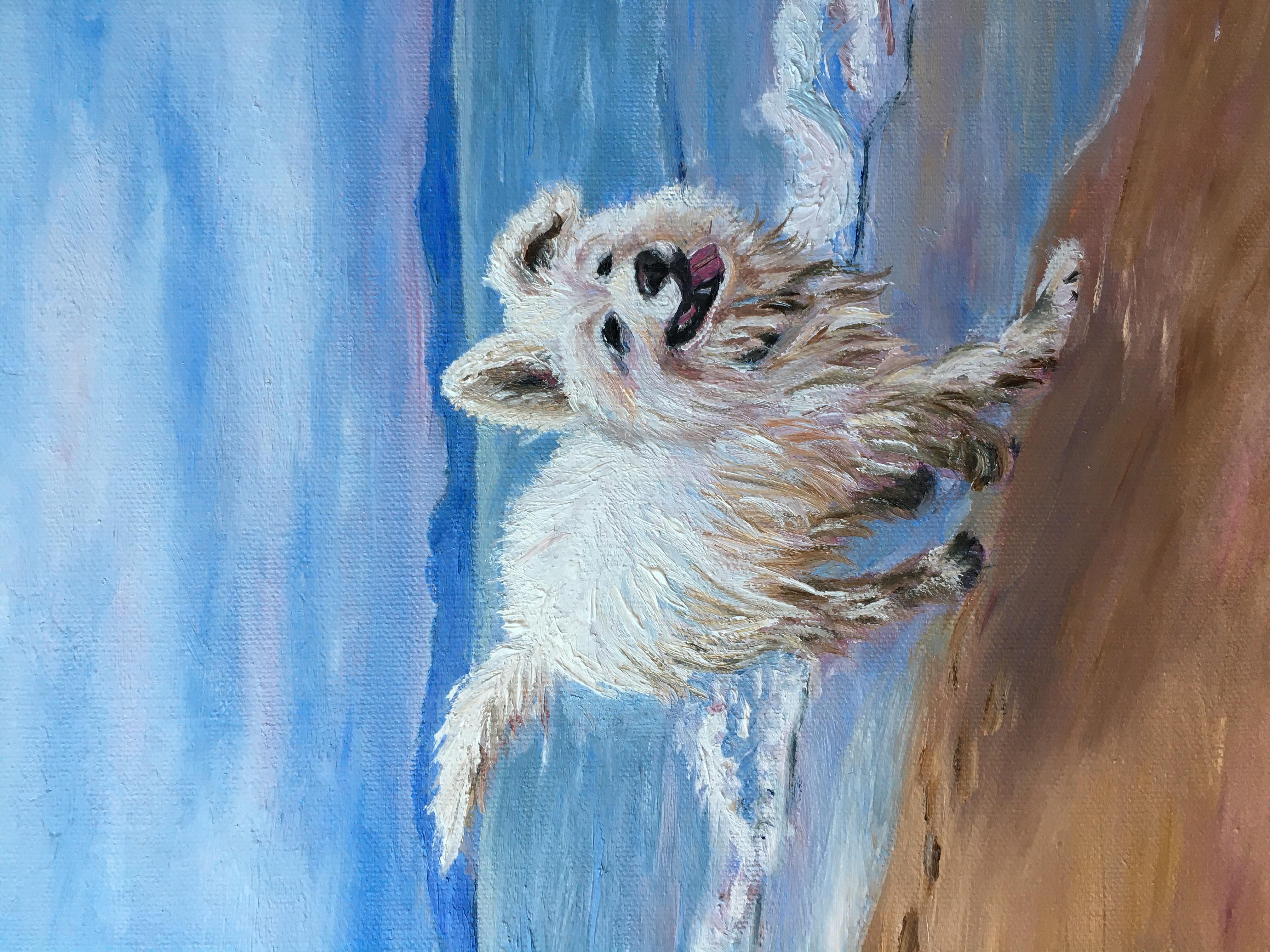 Fröhlicher weißer Hund an der blauen Meeresküste im Angebot 9