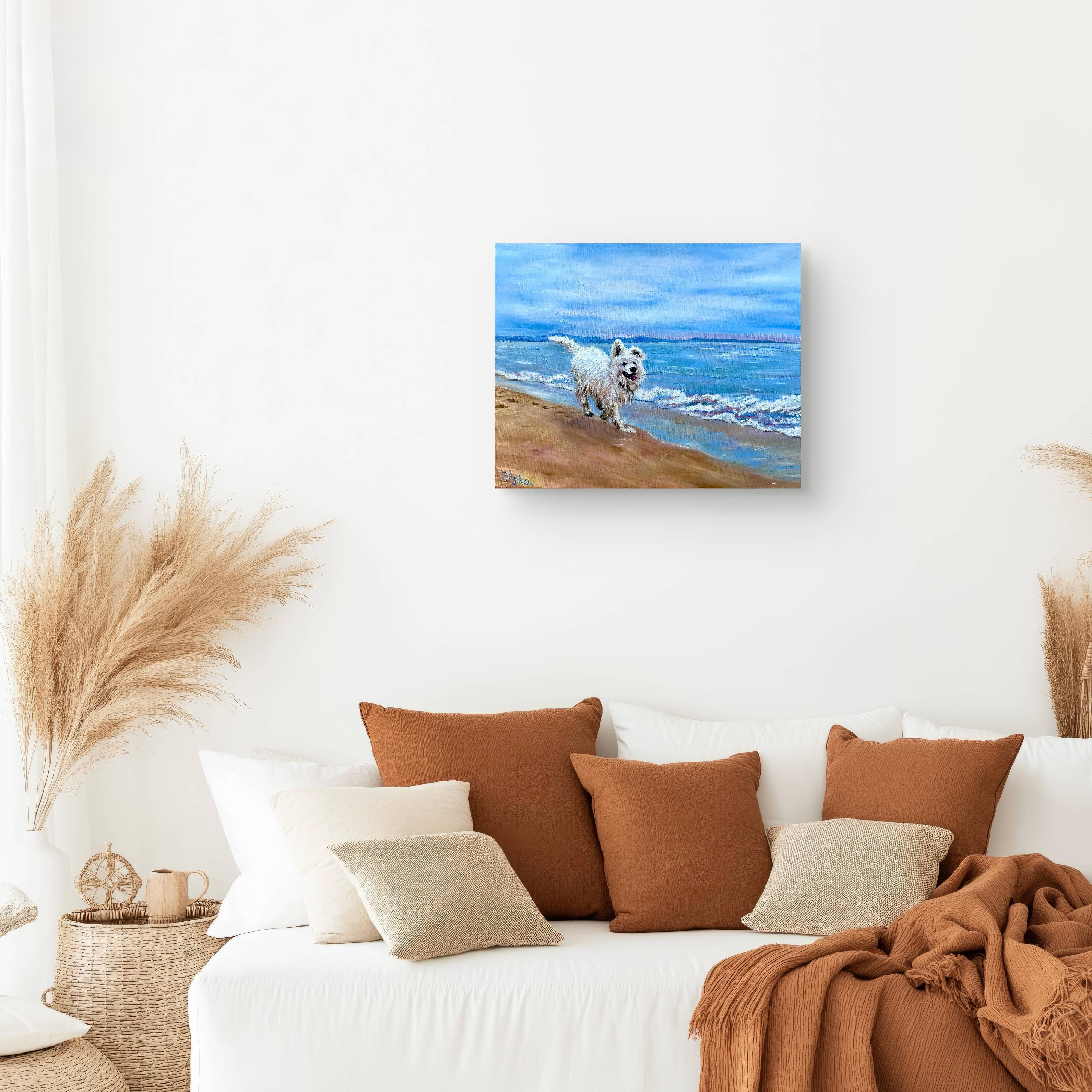Fröhlicher weißer Hund an der blauen Meeresküste (Impressionismus), Painting, von Elena Ushanova