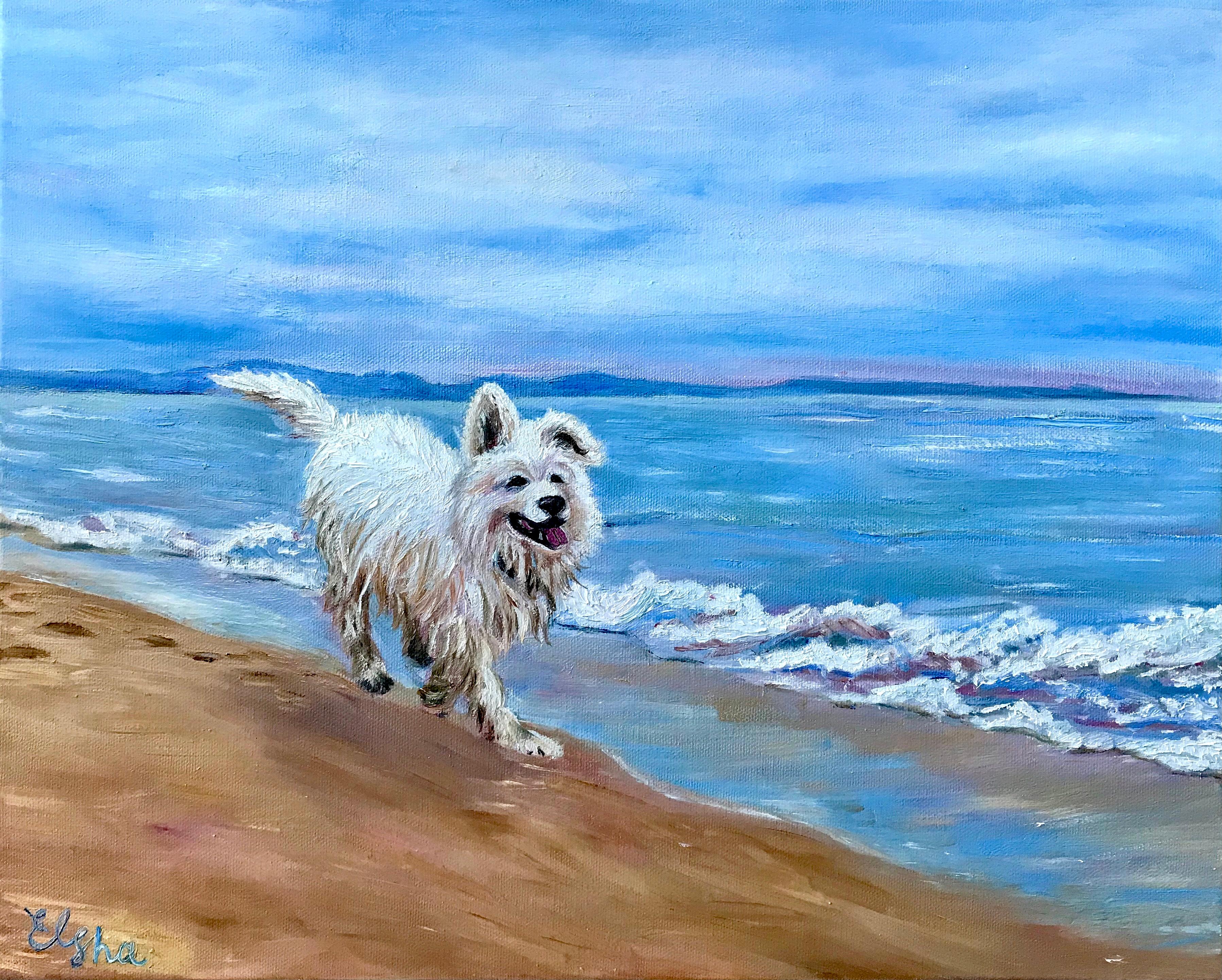 Dieses lebhafte Ölgemälde zeigt einen fröhlichen weißen Hund, der frei an der blauen Meeresküste entlangläuft und Glück, Freiheit und die Schönheit der Natur ausstrahlt. Sanfte Wellen, ein weicher Sandstrand und ein heller Küstenhimmel schaffen eine