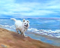 Joyful White Dog at the Blue Seashore