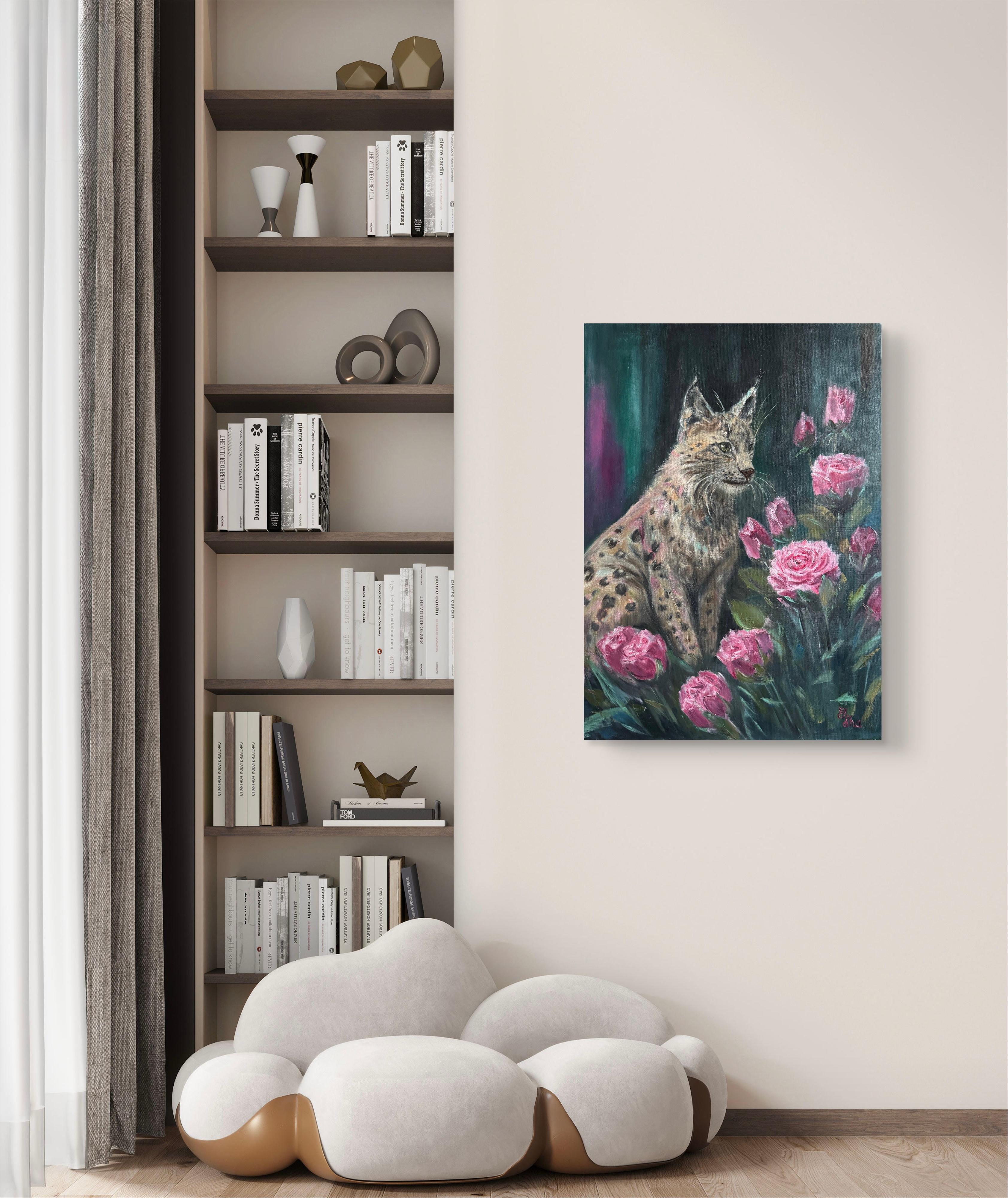 Luchs im Rosengarten (Impressionismus), Painting, von Elena Ushanova