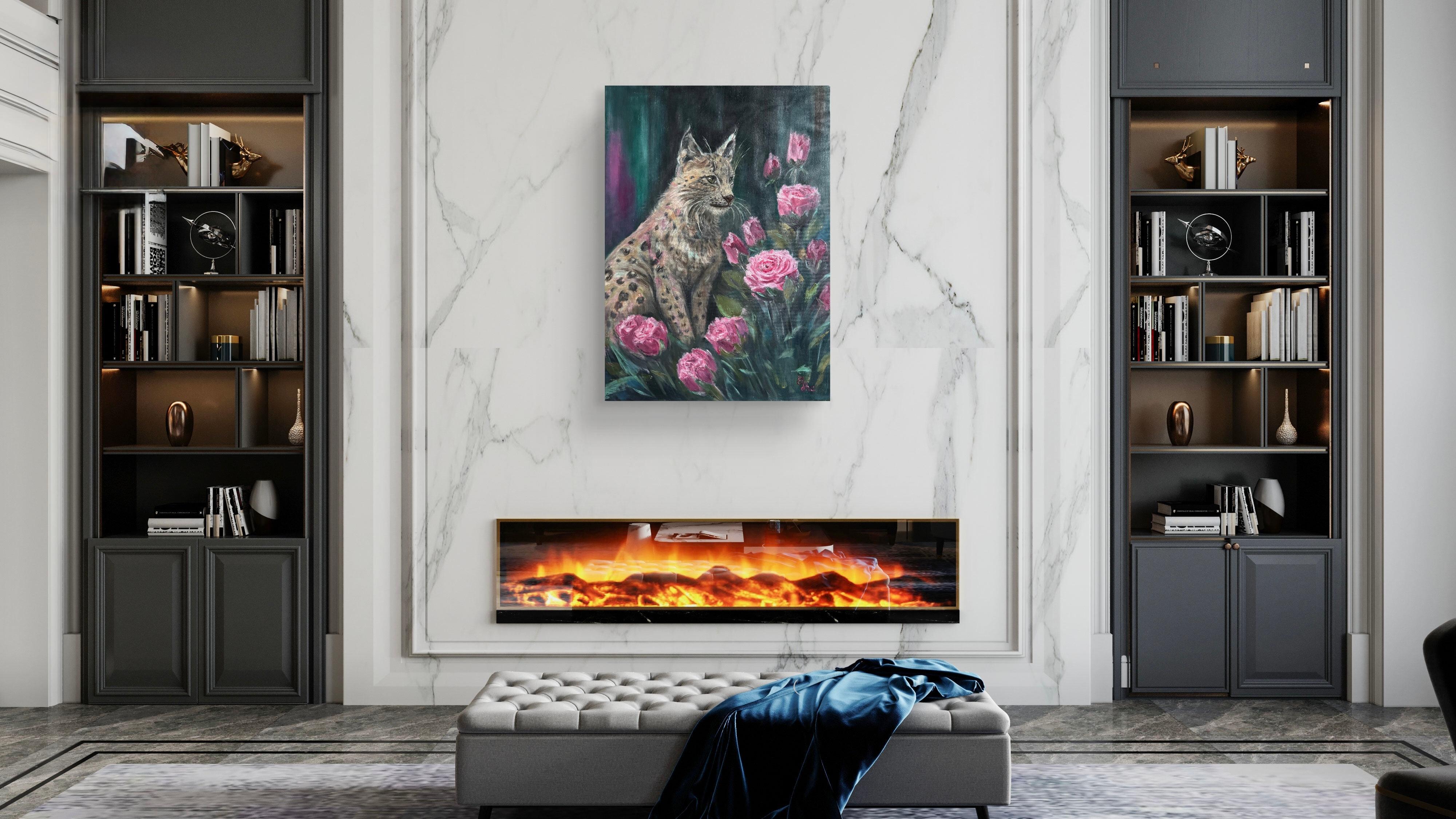 Luchs im Rosengarten (Schwarz), Animal Painting, von Elena Ushanova