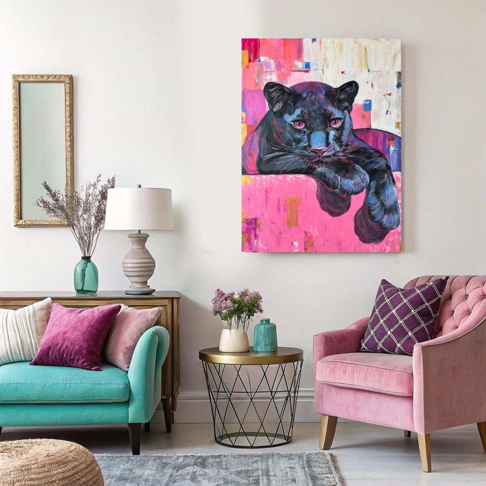 Panther in Rosa – Painting von Elena Ushanova