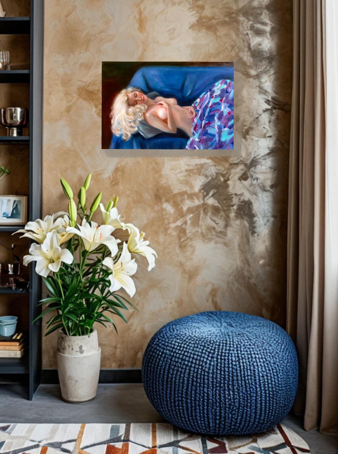 The painting depicts a sleeping girl. Her long, fair hair is disheveled on the pillow, and her hands are folded on her bare chest. The beauty's face looks calm and peaceful, as if she is seeing beautiful dreams. The painting creates an atmosphere of