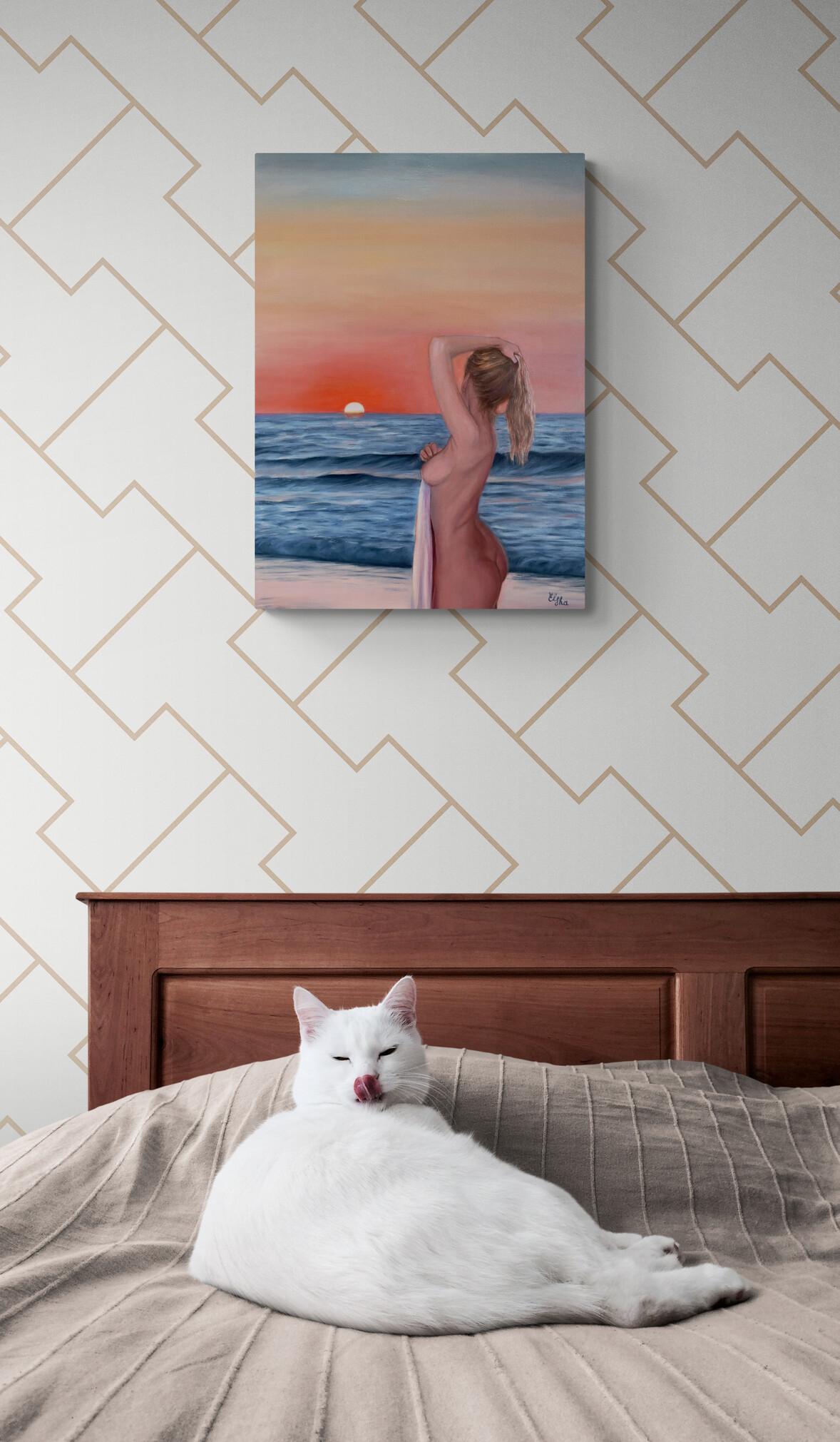 Tramonto in riva al mare - Figurative Painting Beige di Elena Ushanova