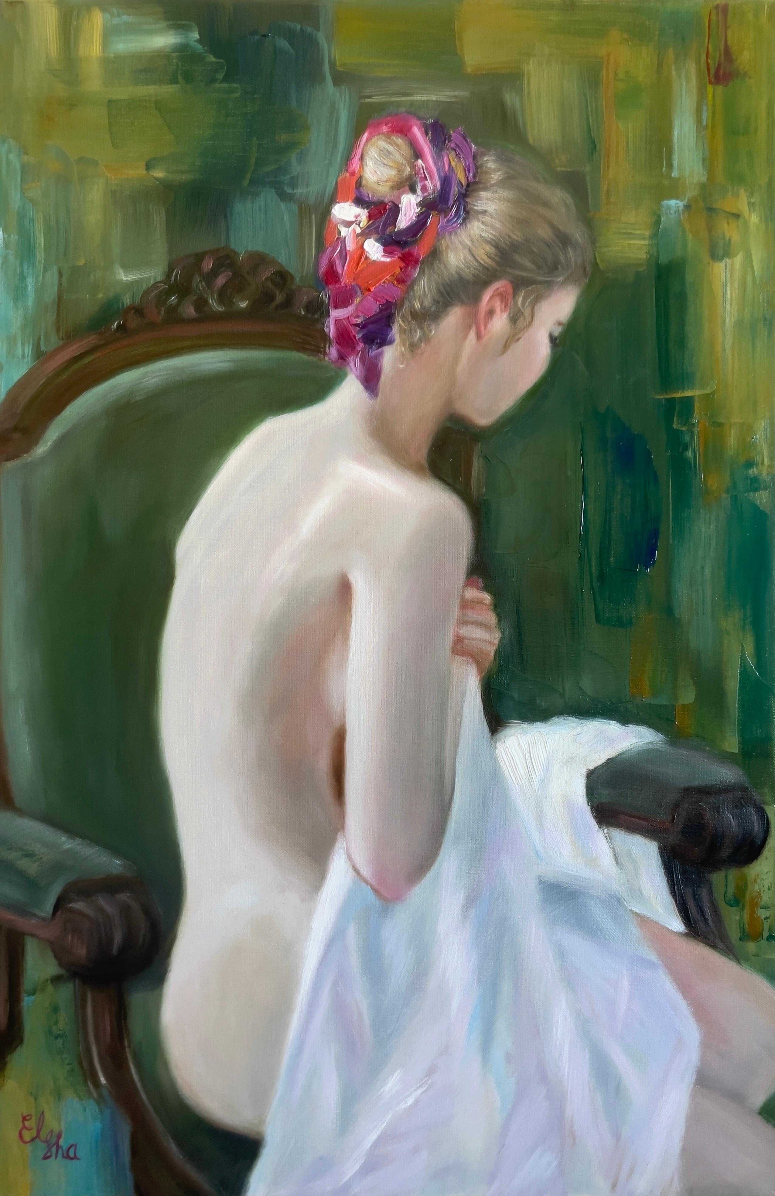 Figurative Painting di Elena Ushanova - La ragazza nella stanza di smeraldo