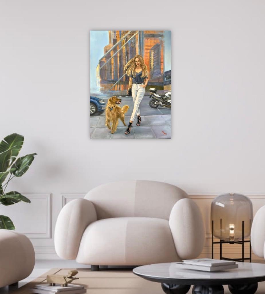 Passeggiare per la città con un amico - Figurative Painting Grigio di Elena Ushanova