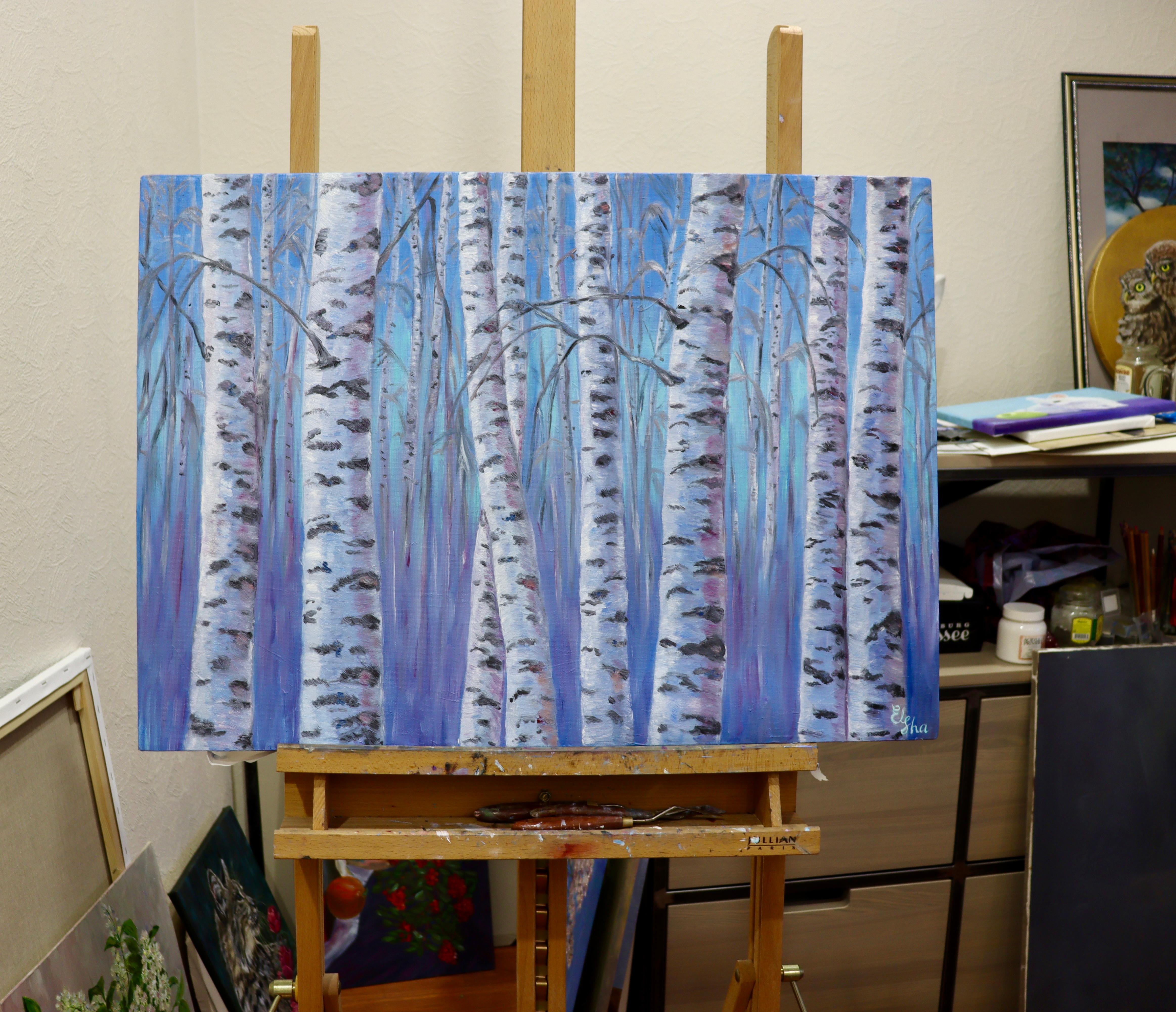 Winterbirken (Impressionismus), Painting, von Elena Ushanova