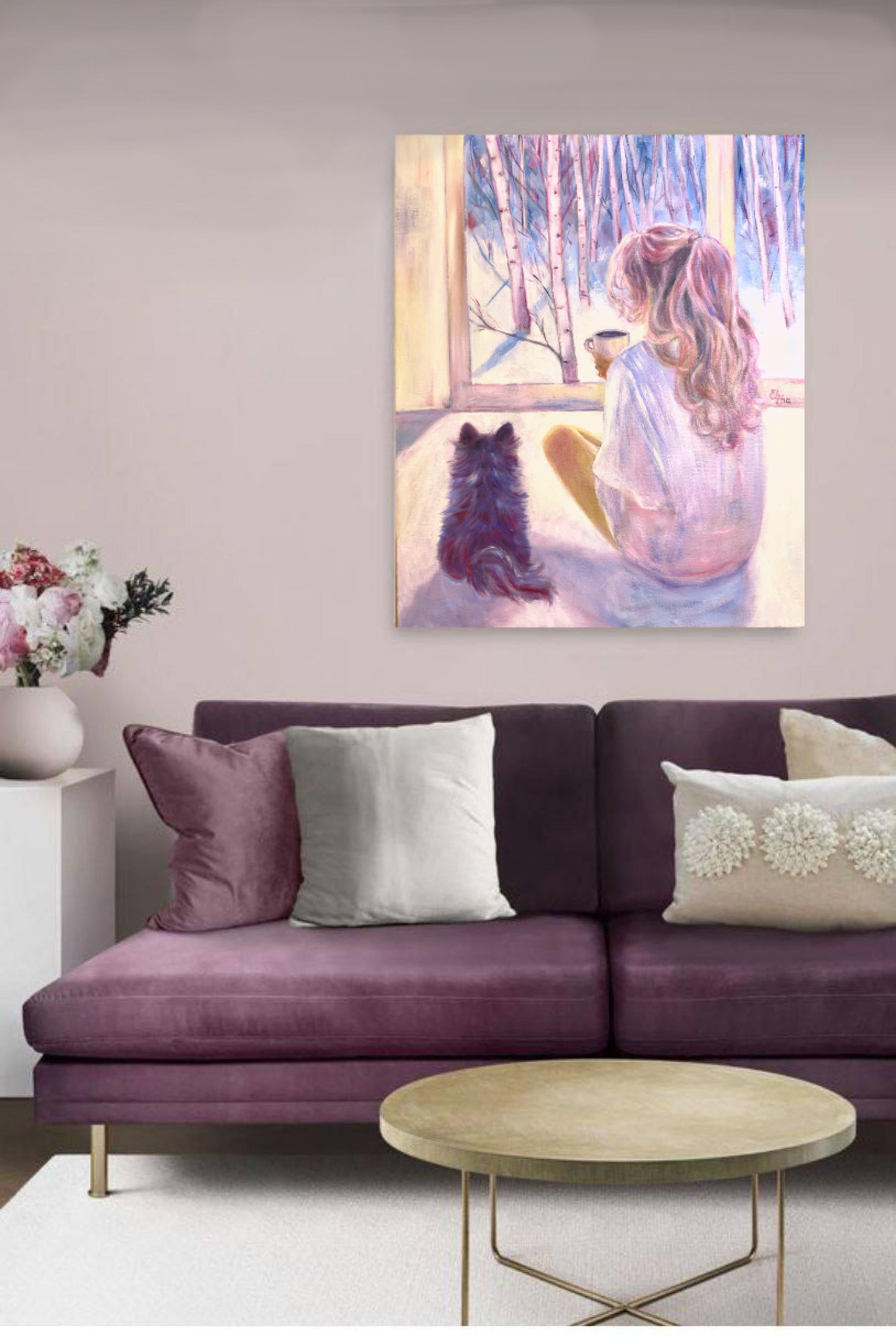 A quiet winter morning, a warm cup of coffee, and the loyal presence of a furry companion-this dreamy oil painting captures a moment of tranquility and reflection. Soft pastel tones and gentle brushstrokes create a soothing, almost ethereal