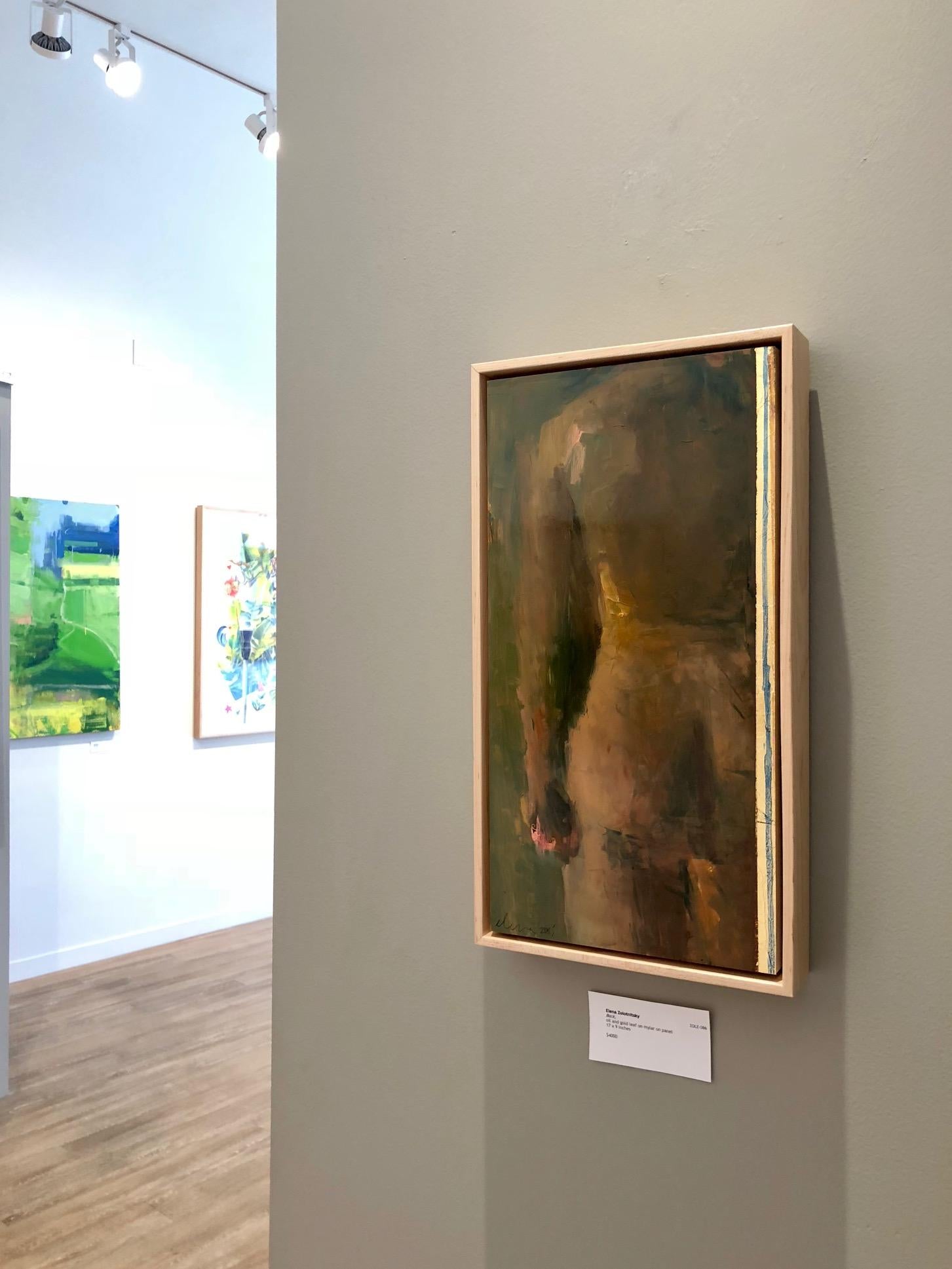 Female figurative back in oil with 22 karat gold on mylar mounted to wood and framed in maple. A sophisticated nude in muted green, gold, and pink. The painting is 17 x 8 3/4 inches. Framed in clear maple, it is 18 x 9 3/4 inches. A truly elegant