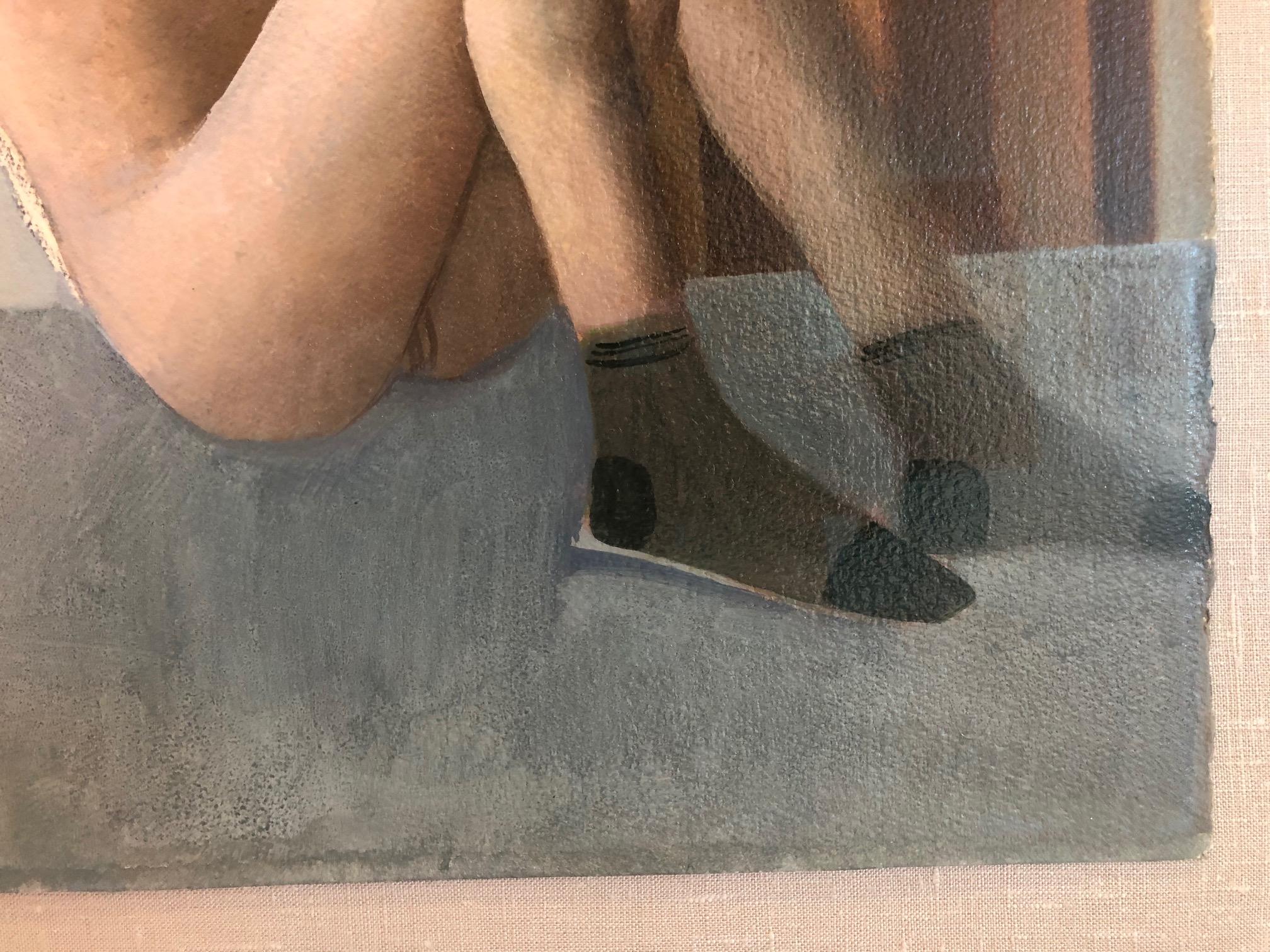 Pintura figurativa de desnudo femenino que representa a una futura joven novia - óleo y encaje sobre papel tratado, enmarcada profesionalmente bajo plexiglás. El cuadro mide 17 x 22 1/2 pulgadas y la dimensión exterior del marco es de 23 1/4 x 28