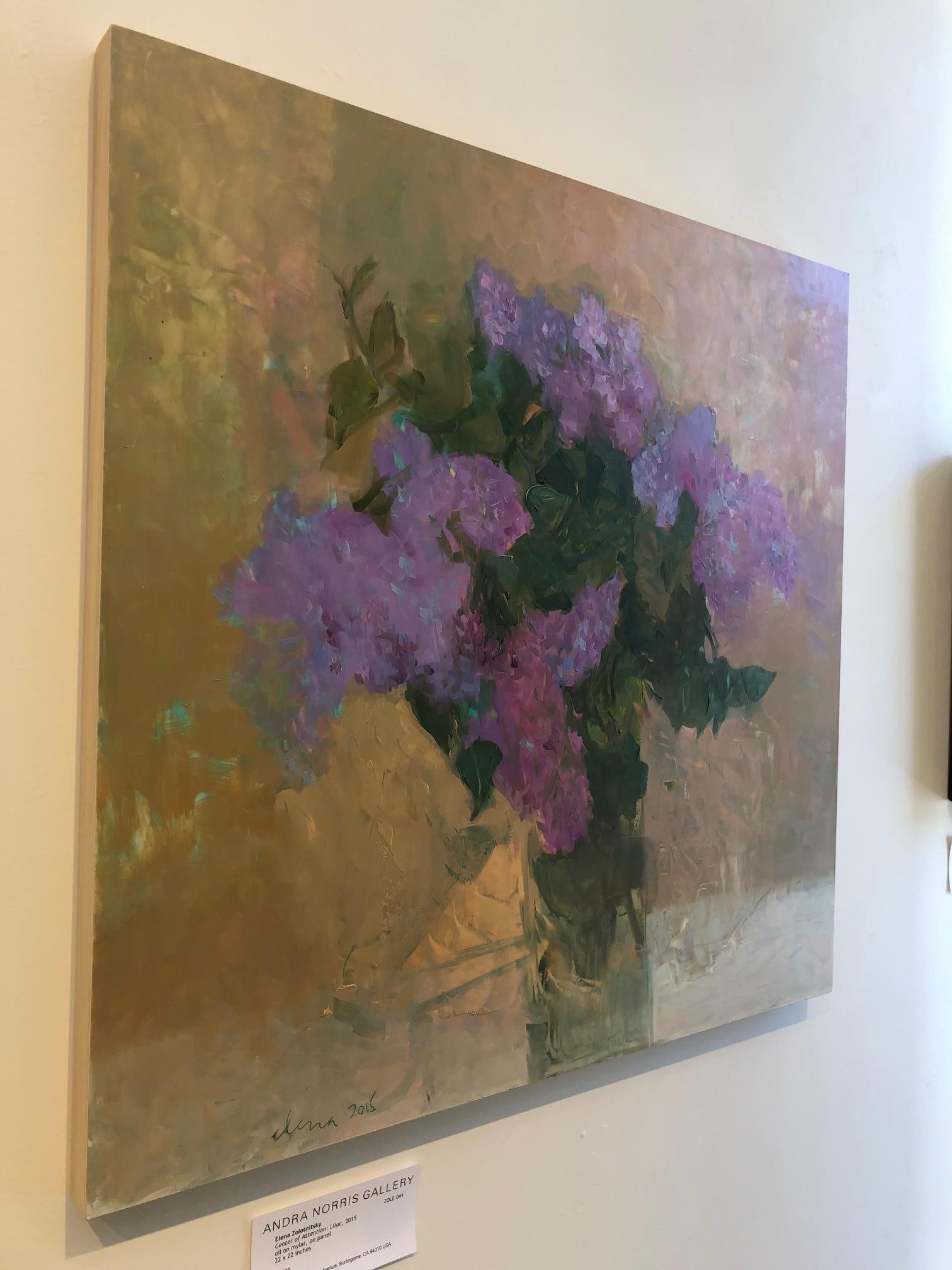 'Center of Attention' is exactly that, with its purple, lilac, lavender and green, floral arrangement of Lilacs in a crystal vase. Oil on mylar, mounted on panel, 22 x 22 inches. Framing is not necessary with this contemporary painting with its