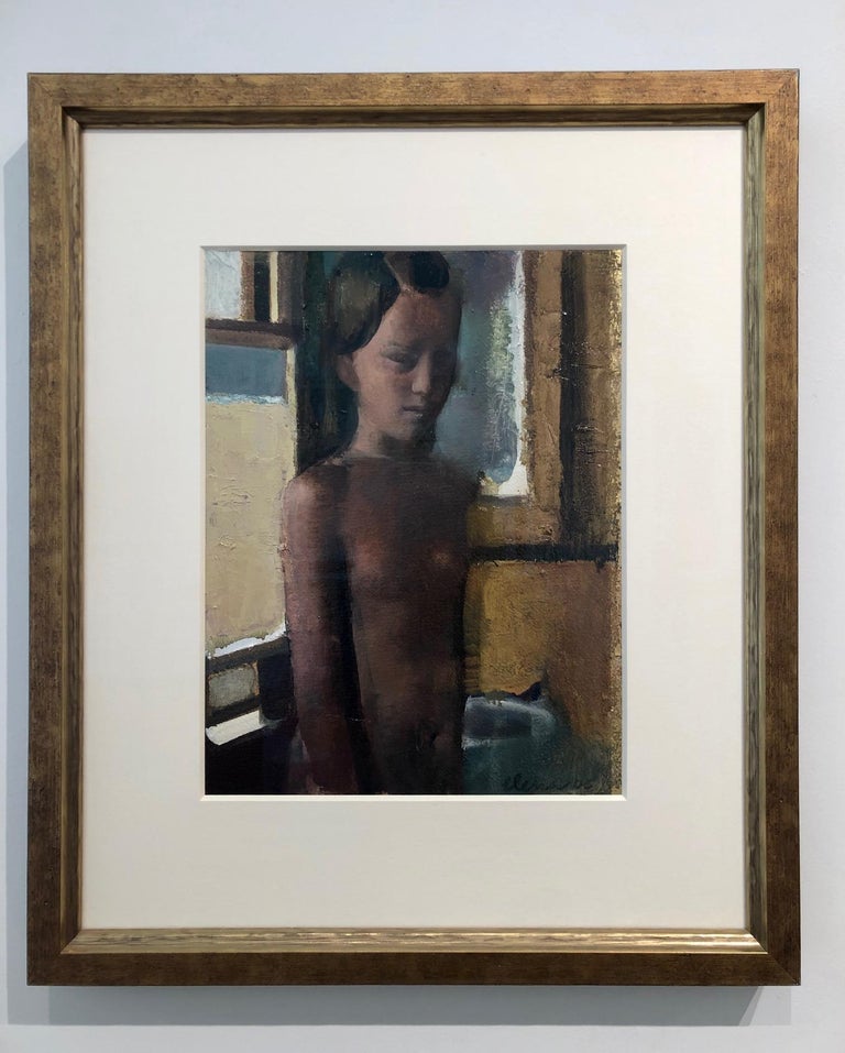 Portrait of a young woman in the bathroom, painted with oil and gold leaf on paper. The artwork is is 14 x 11 inches. And it is newly and professionally framed with all museum materials used throughout including non glare op3 plexiglass. The