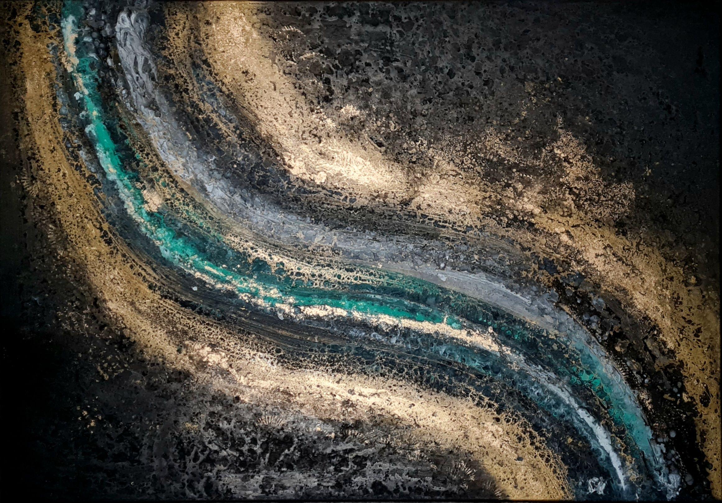 "Gamma" is an abstract original painting in shades of black,green,white and gold. The interplay of obsidian black, luminescent gold, and vibrant green intricacies evokes a cosmic voyage, inviting viewers to explore the depths of the unknown. 