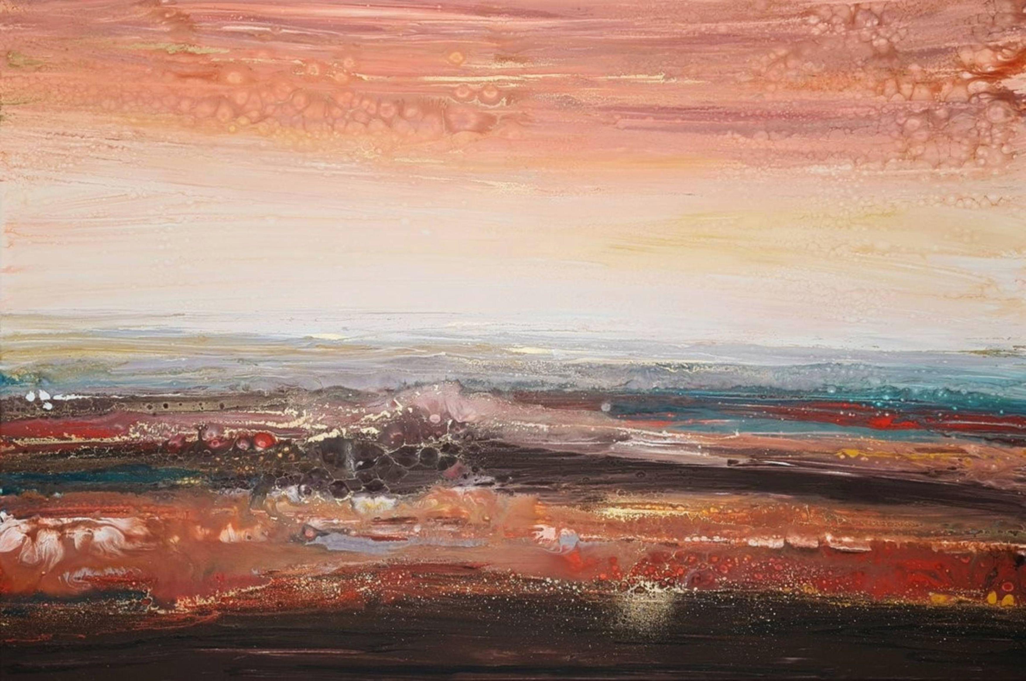 The dawn chorus of melodic birdsong drifted in. The rising sun cast a rosy hue across the morning sky.  This is an original abstract painting in shades of terracotta, orange,teal, light grey,brown and gold  Colors of the horizon in dawn ,warm colors