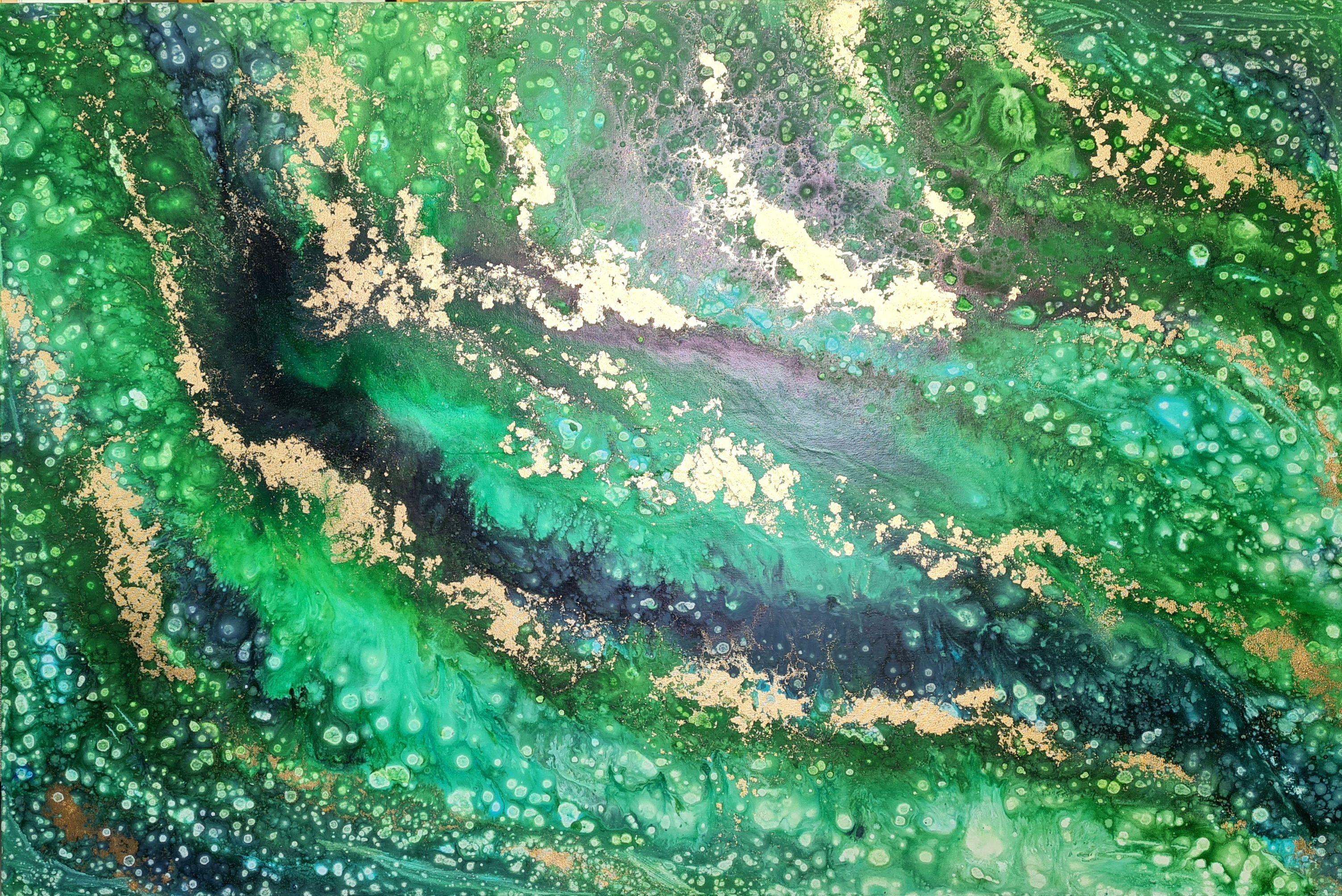 Eleni  Denart Abstract Painting - Ocean of Emeralds, Painting, Acrylic on Canvas