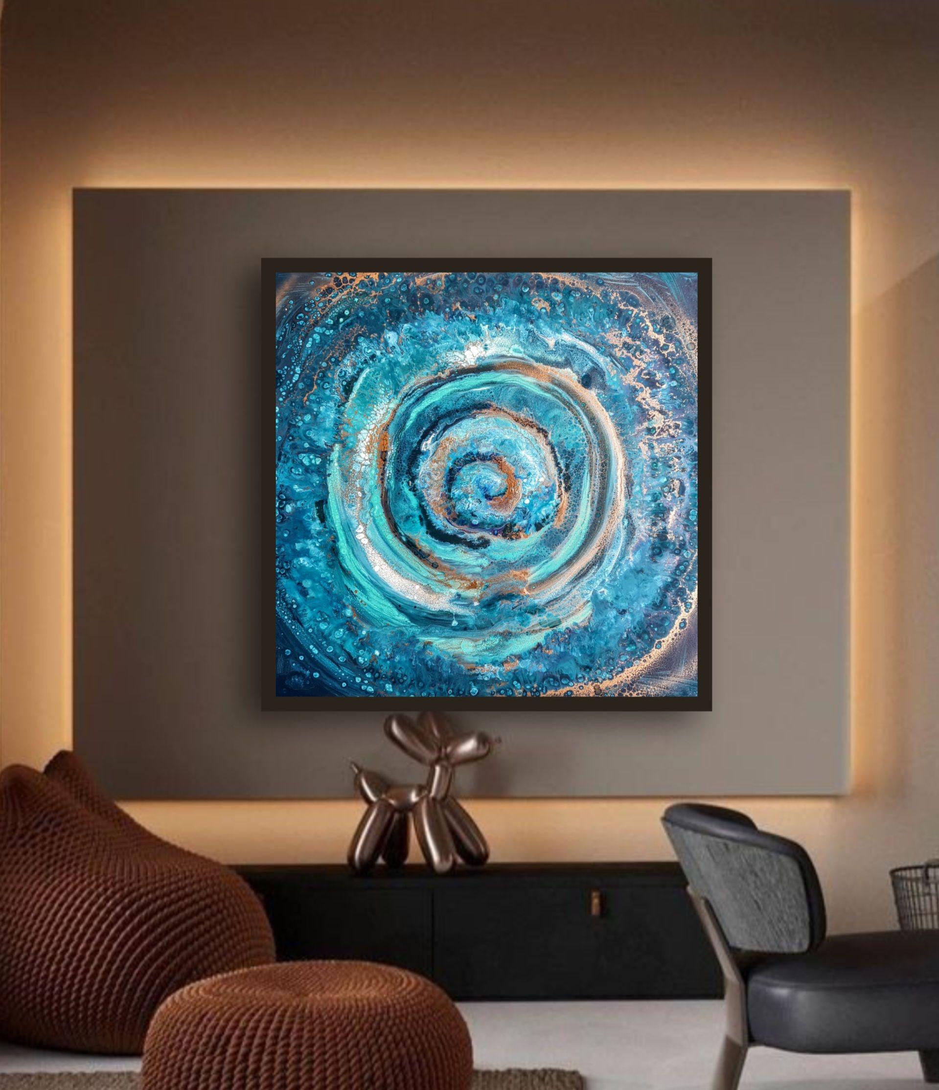 In Greek mythology, Sirens are creatures with alluring voices. Noone could resist their calling leading him to his death and ... Abyss.    This is a coastal style original flow art acrylic painting in shades of blue,white, teal ,turquoise, gold and