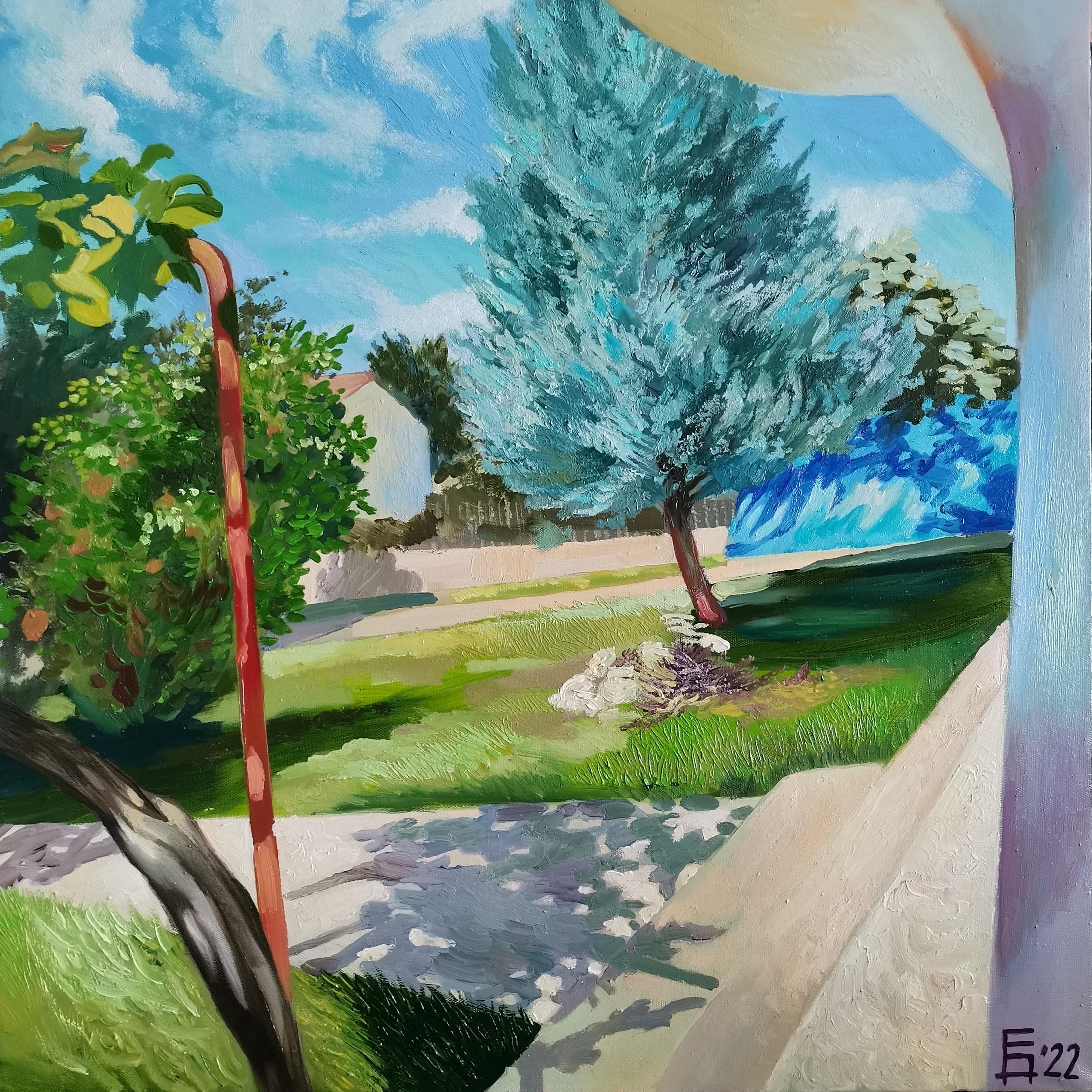 Landscape Painting de Eleonora Droumeva - Albena - Paisaje Pintura al óleo Verde Azul Blanco Gris Marrón Negro Rojo