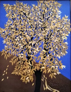 Autumn Tree - Figurative Painting Oil Canvas Colors Blue Black Brown White 