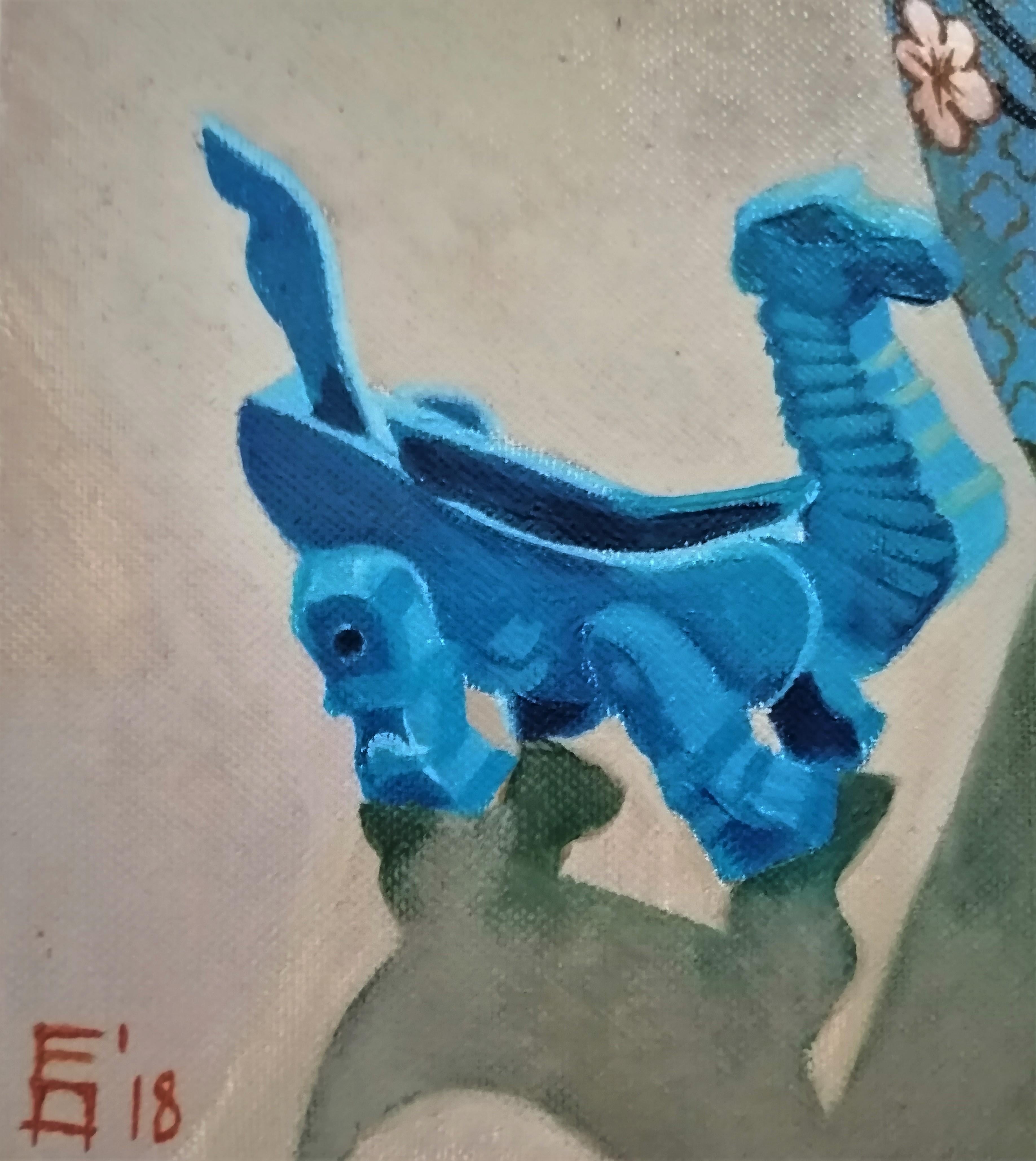 Chinesischer Drache Figuratives Gemälde Öl Leinwand Farben Blau Schwarz Rot Rosa – Painting von Eleonora Droumeva