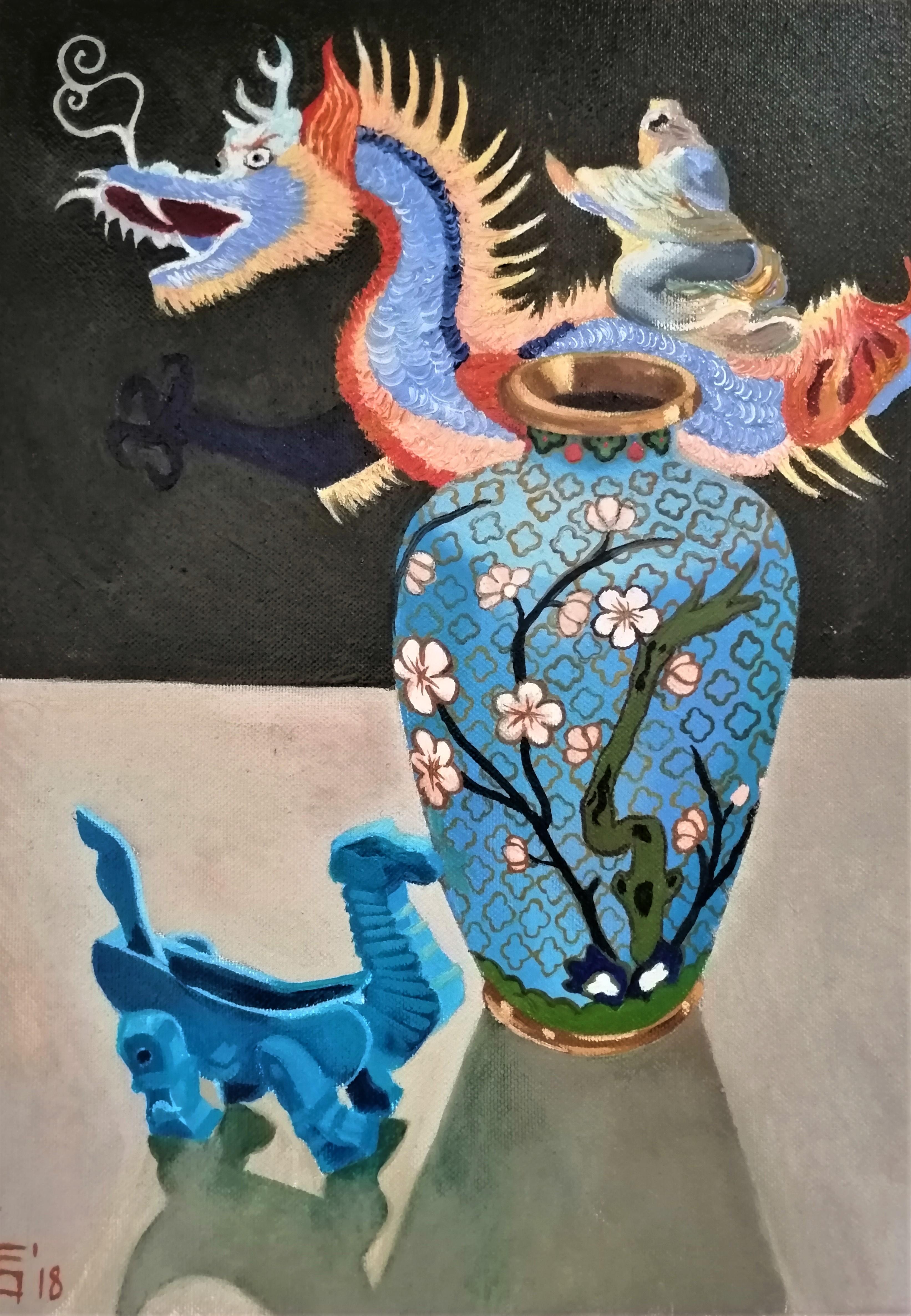 Eleonora Droumeva Figurative Painting – Chinesischer Drache Figuratives Gemälde Öl Leinwand Farben Blau Schwarz Rot Rosa