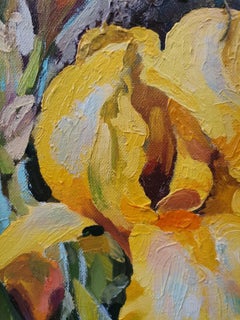 Iris - Natura morta dipinta a olio Verde Blu Bianco Grigio Marrone Nero Rosso