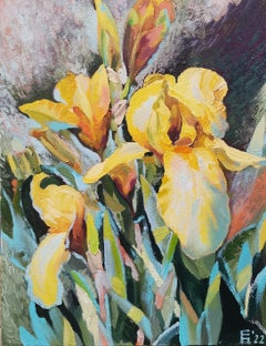 Irises - Still Life Painting Oil Green Blue White Grey Brown Black Red