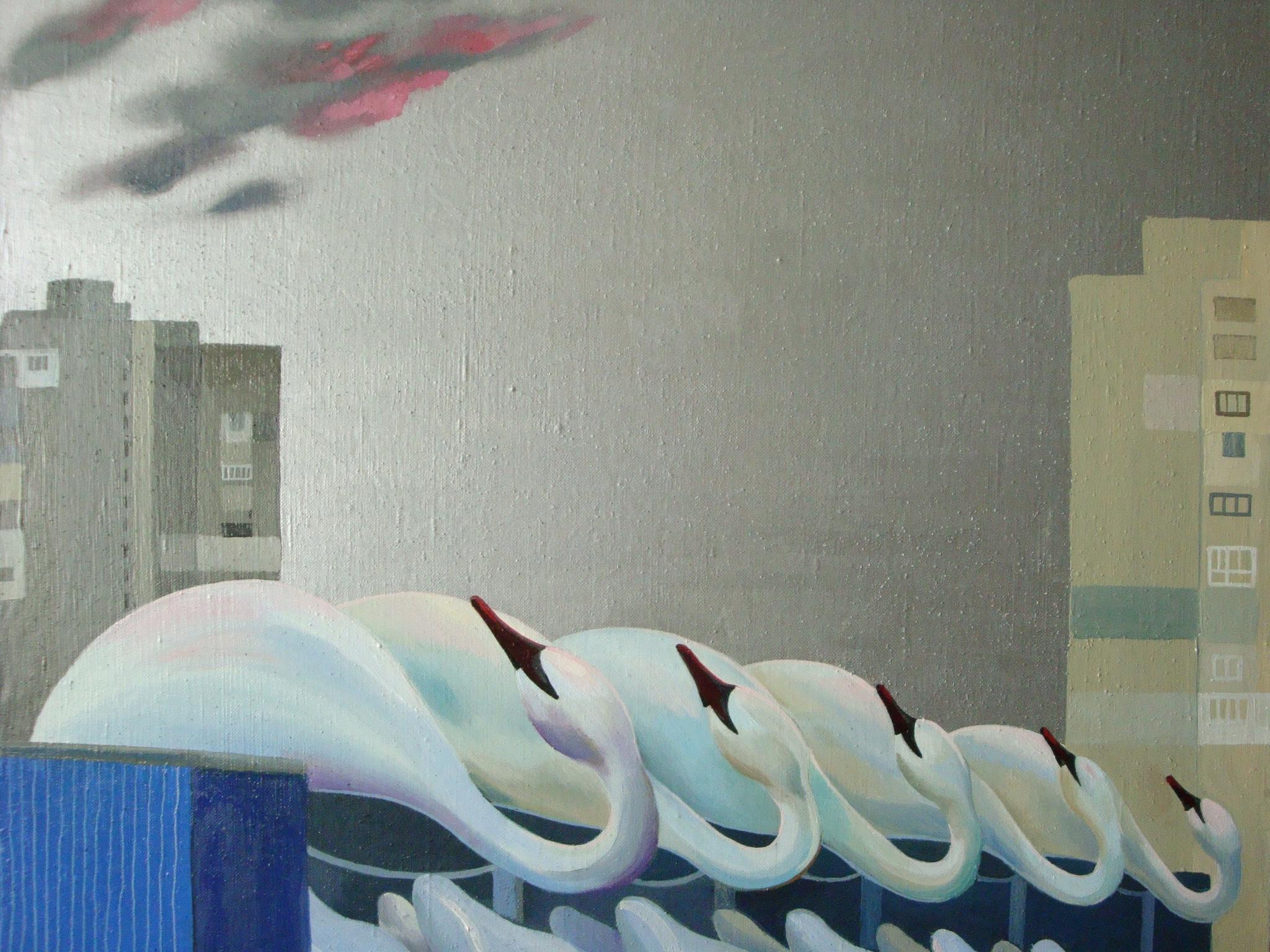 Eleonora Droumeva Landscape Painting – Rest Of The Plastic Swans, figuratives Gemälde, Öl, Leinwand, Farben Blau Grau