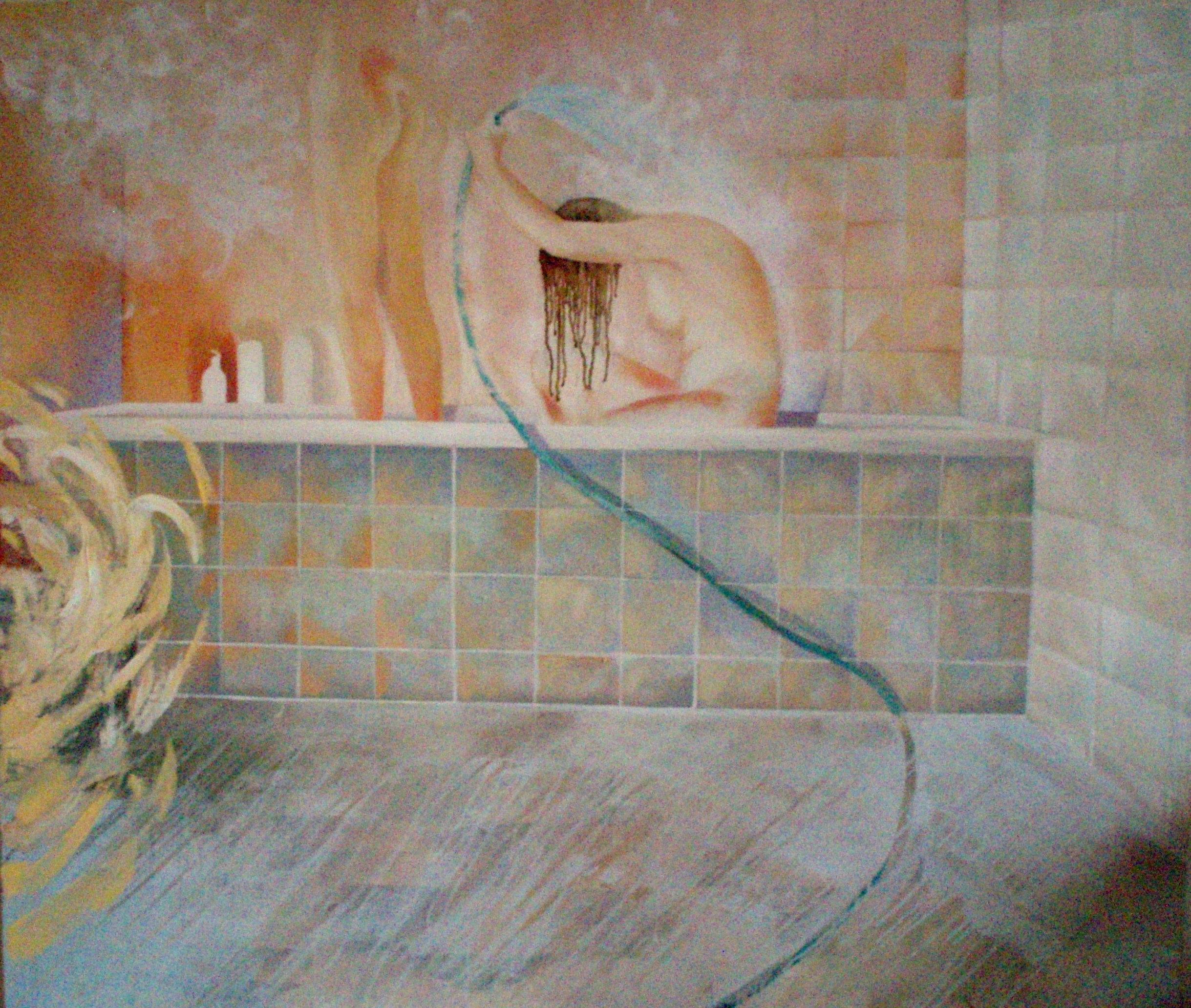 Eleonora Droumeva Interior Painting - Roman Bath - Painting Oil Canvas Colors Grey Orange Yellow