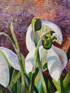Snow Drops - Still Life Painting Oil Green Blue White Grey Brown Black Red